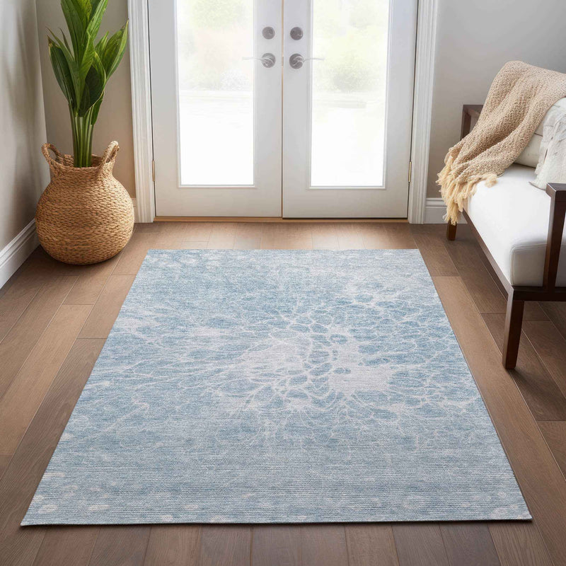 10' X 14' Sky Blue And Denim Blue Abstract Washable Indoor Outdoor Area Rug