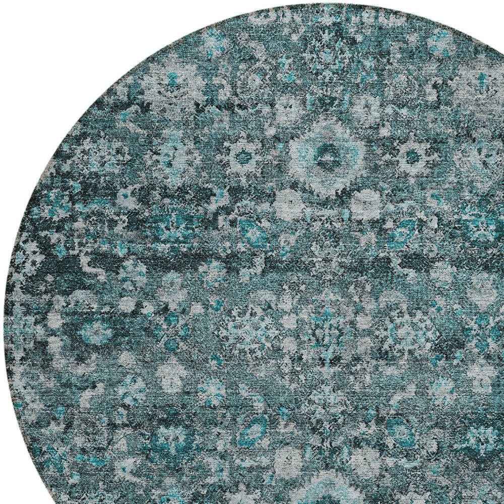 8' Dark Green Aqua And Charcoal Round Oriental Washable Indoor Outdoor Area Rug