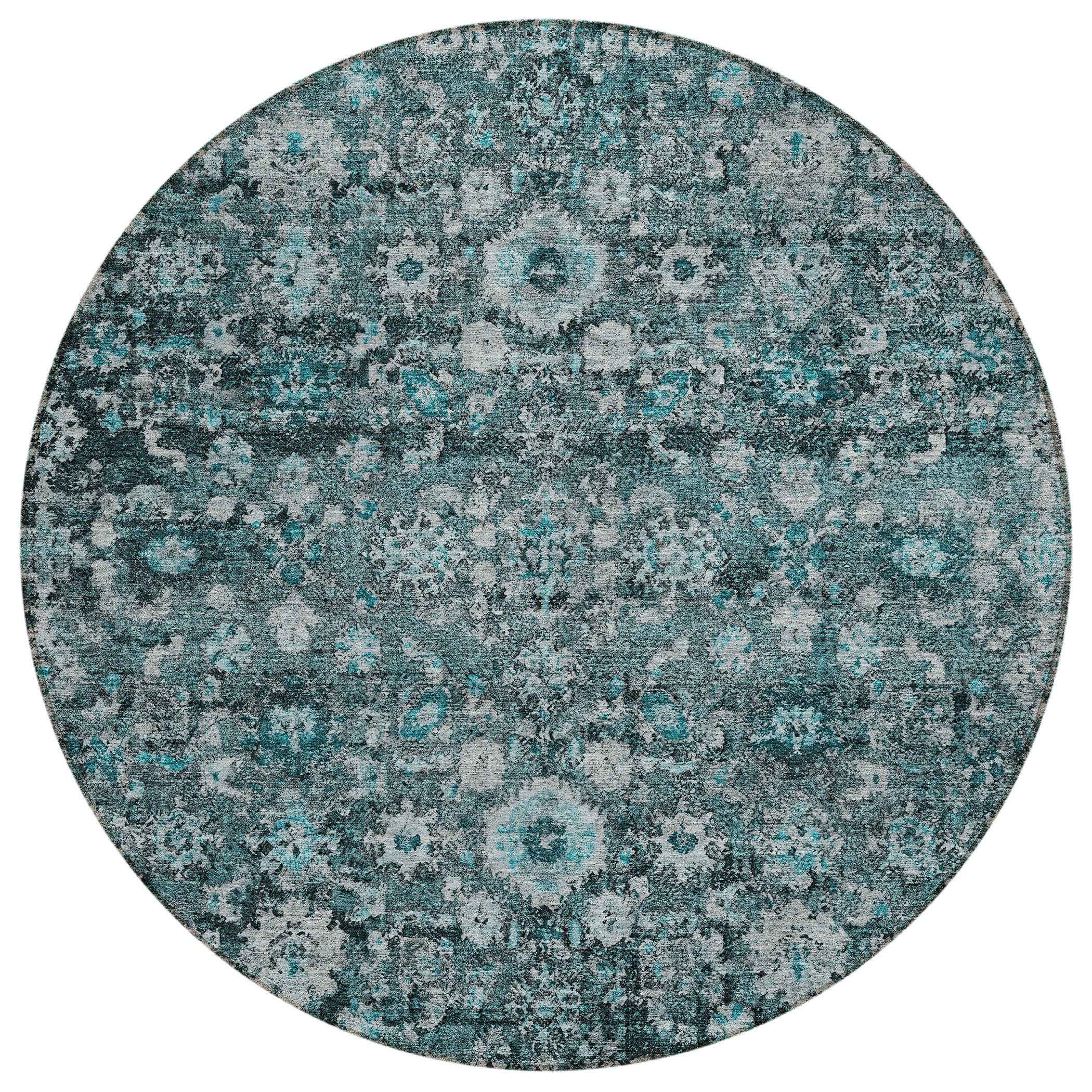 8' Dark Green Aqua And Charcoal Round Oriental Washable Indoor Outdoor Area Rug