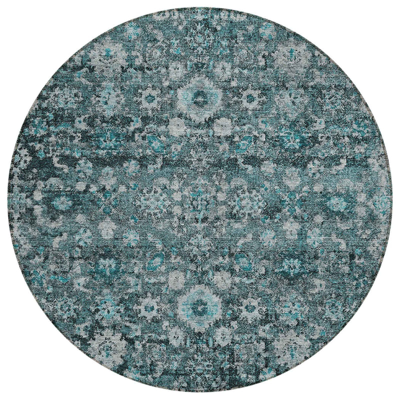 8' Dark Green Aqua And Charcoal Round Oriental Washable Indoor Outdoor Area Rug