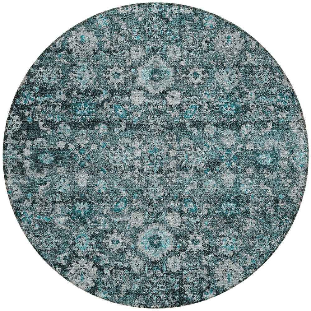 8' Dark Green Aqua And Charcoal Round Oriental Washable Indoor Outdoor Area Rug