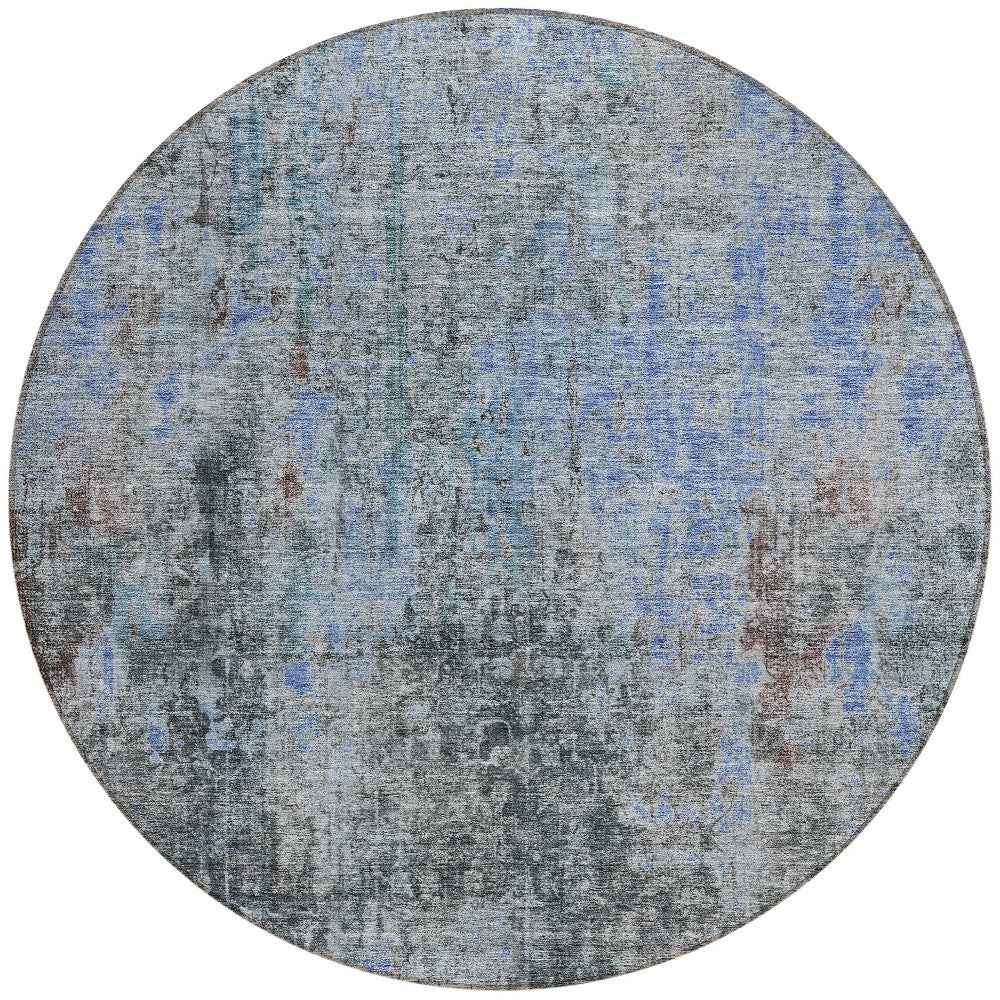 8' Gray Charcoal And Blue Round Abstract Washable Indoor Outdoor Area Rug