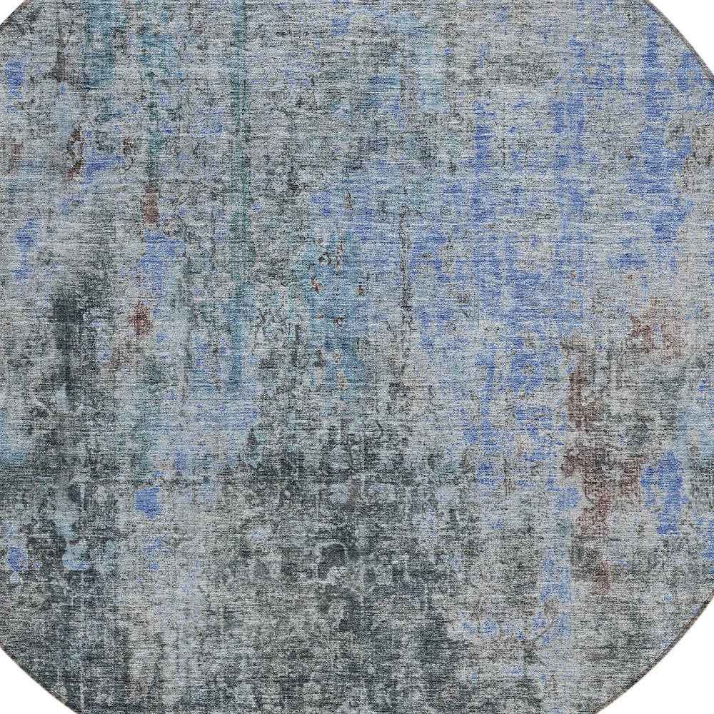 8' Gray Charcoal And Blue Round Abstract Washable Indoor Outdoor Area Rug