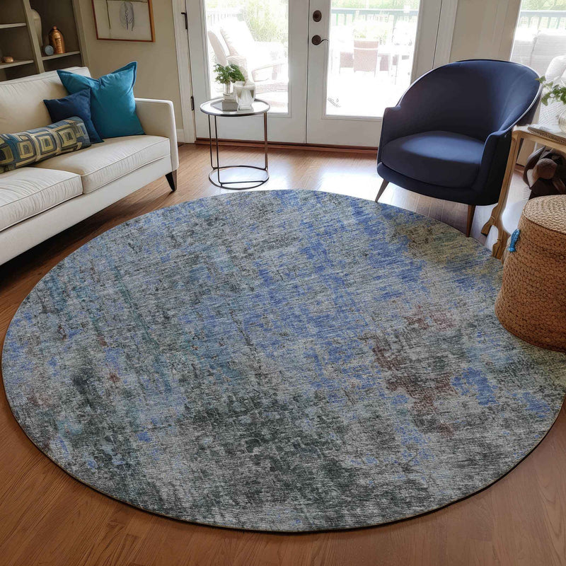 8' Gray Charcoal And Blue Round Abstract Washable Indoor Outdoor Area Rug