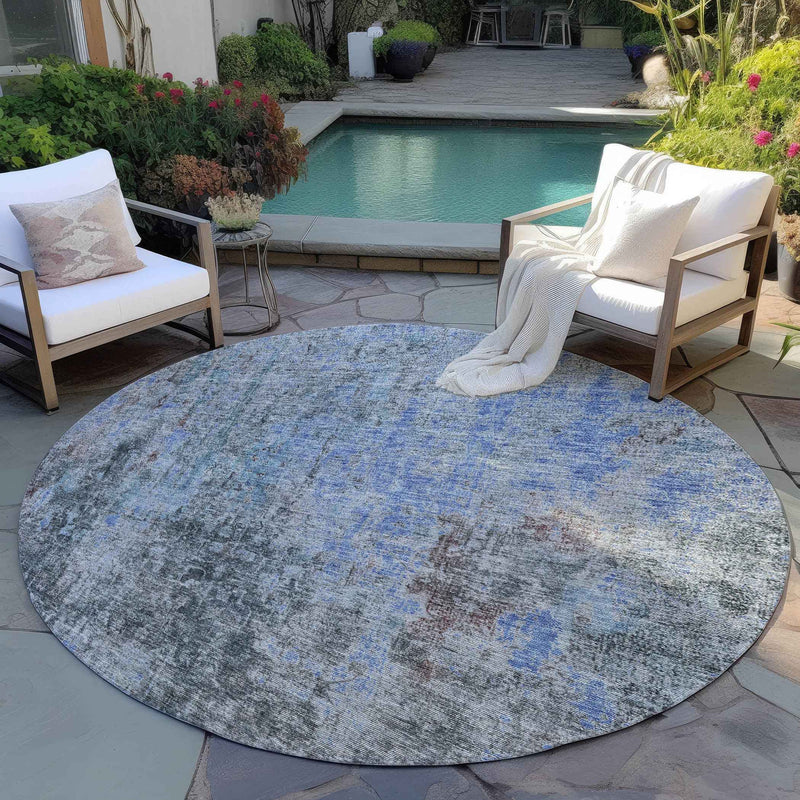 8' Gray Charcoal And Blue Round Abstract Washable Indoor Outdoor Area Rug