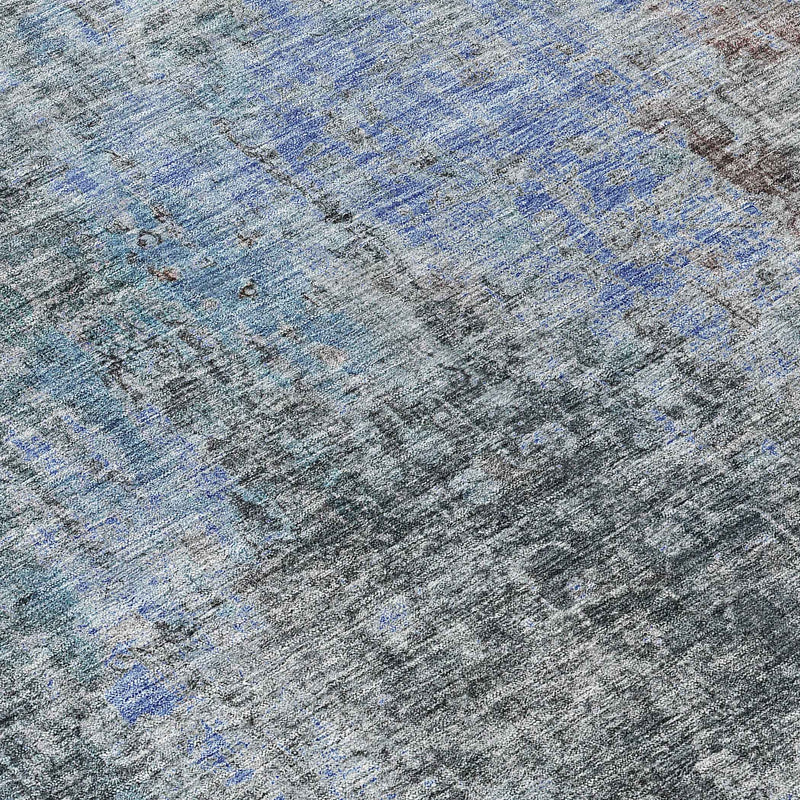 8' Gray Charcoal And Blue Round Abstract Washable Indoor Outdoor Area Rug