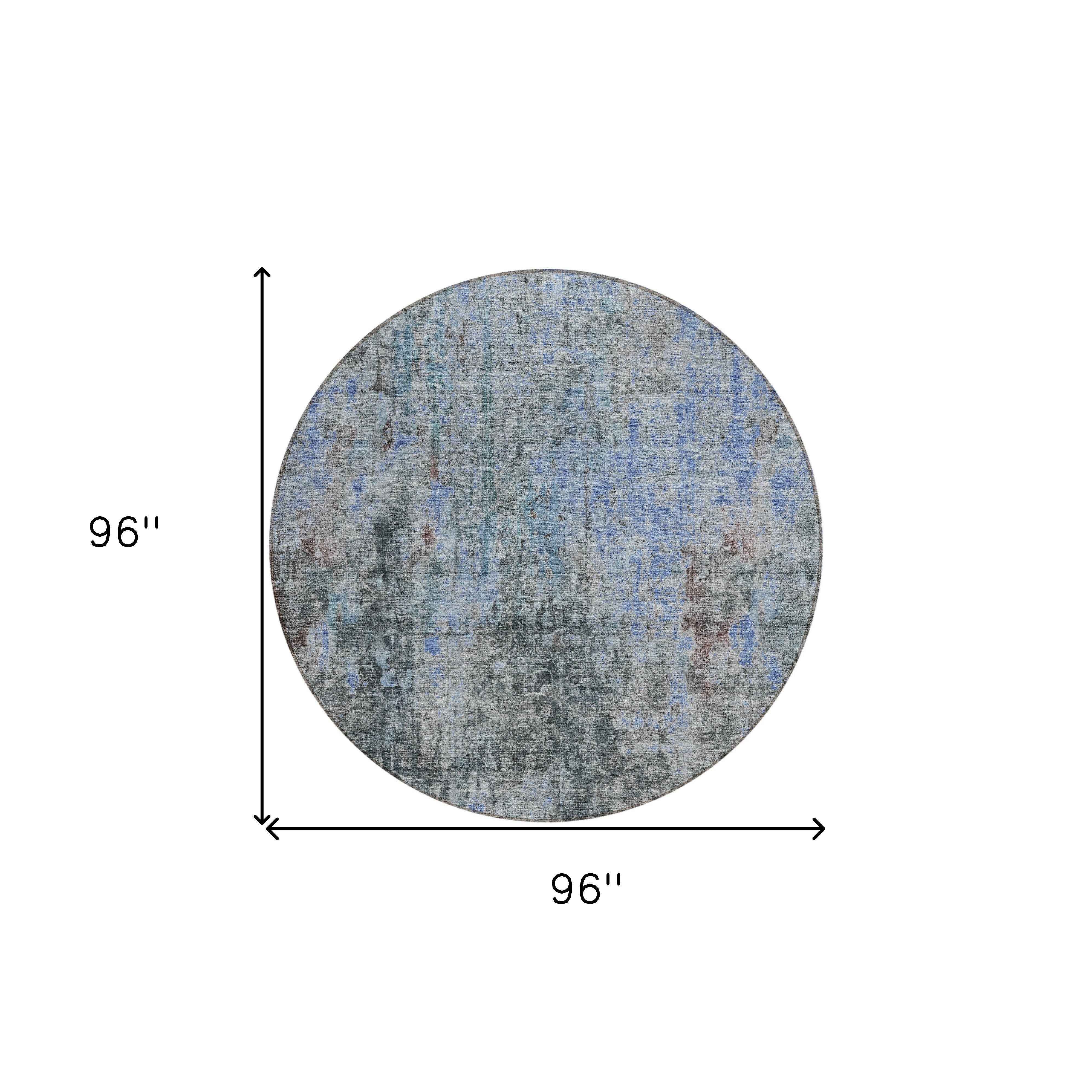 8' Gray Charcoal And Blue Round Abstract Washable Indoor Outdoor Area Rug