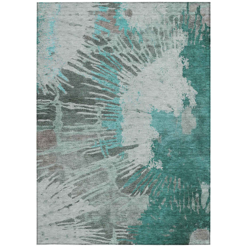 9' X 12' Dark Green Aqua And Gray Abstract Washable Indoor Outdoor Area Rug