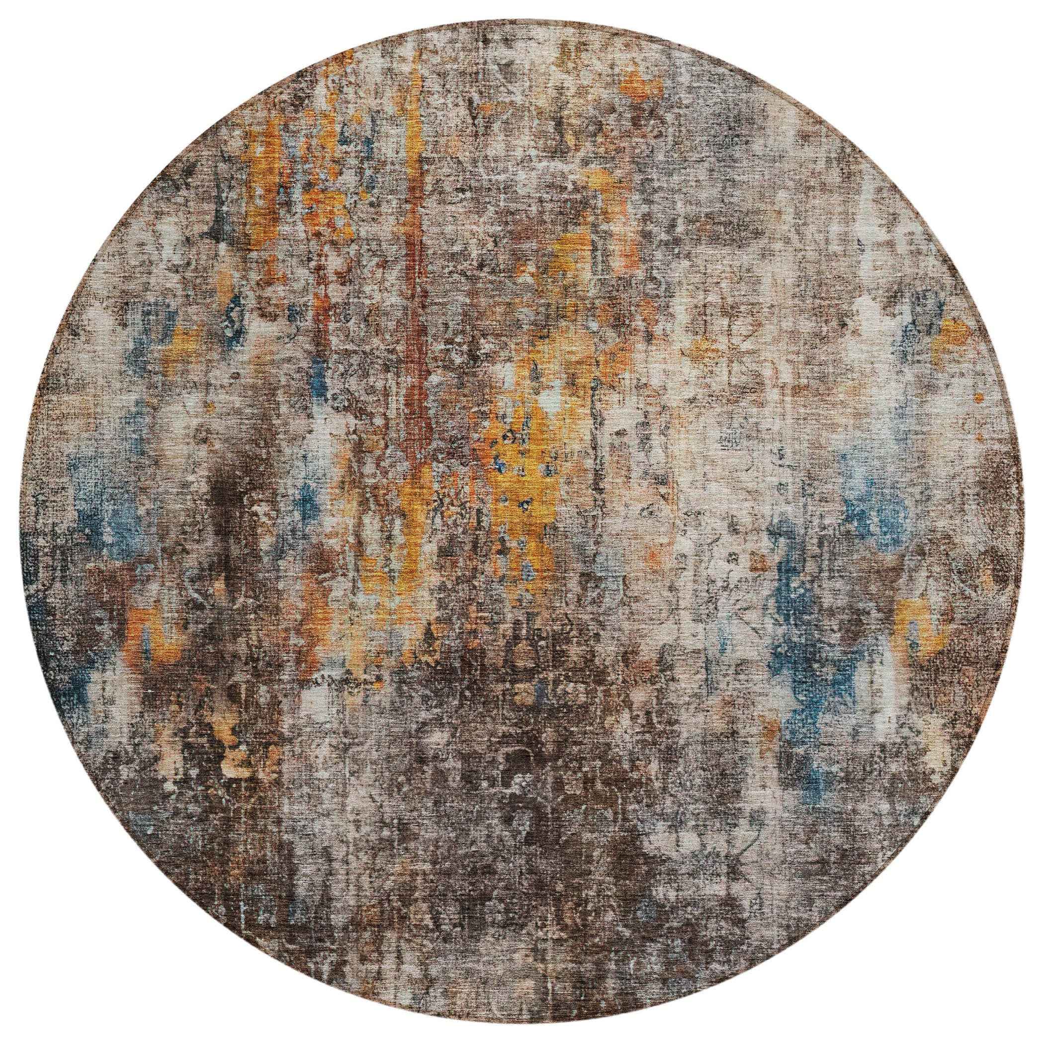 8' Taupe Chocolate And Copper Round Abstract Washable Indoor Outdoor Area Rug