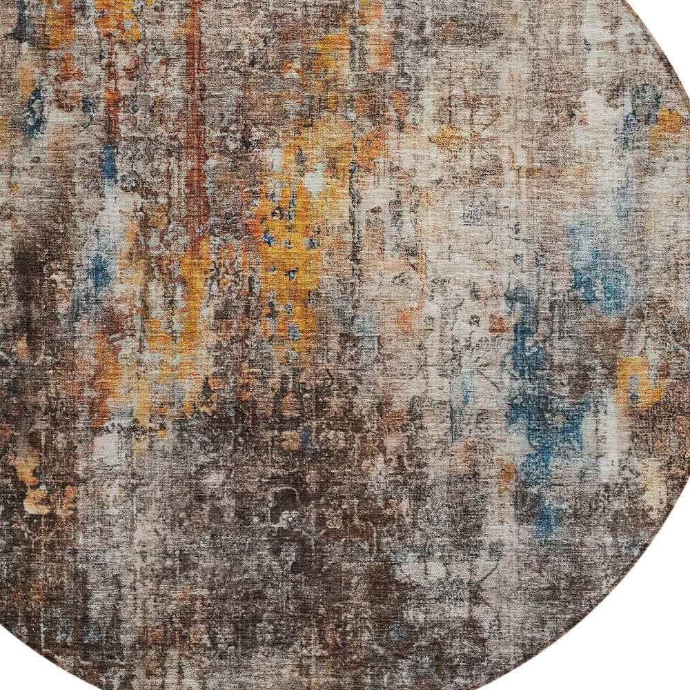 8' Taupe Chocolate And Copper Round Abstract Washable Indoor Outdoor Area Rug
