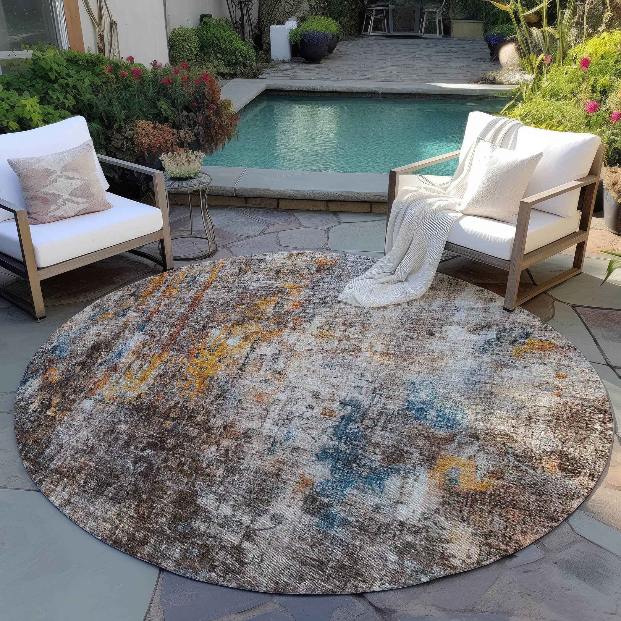 8' Taupe Chocolate And Copper Round Abstract Washable Indoor Outdoor Area Rug
