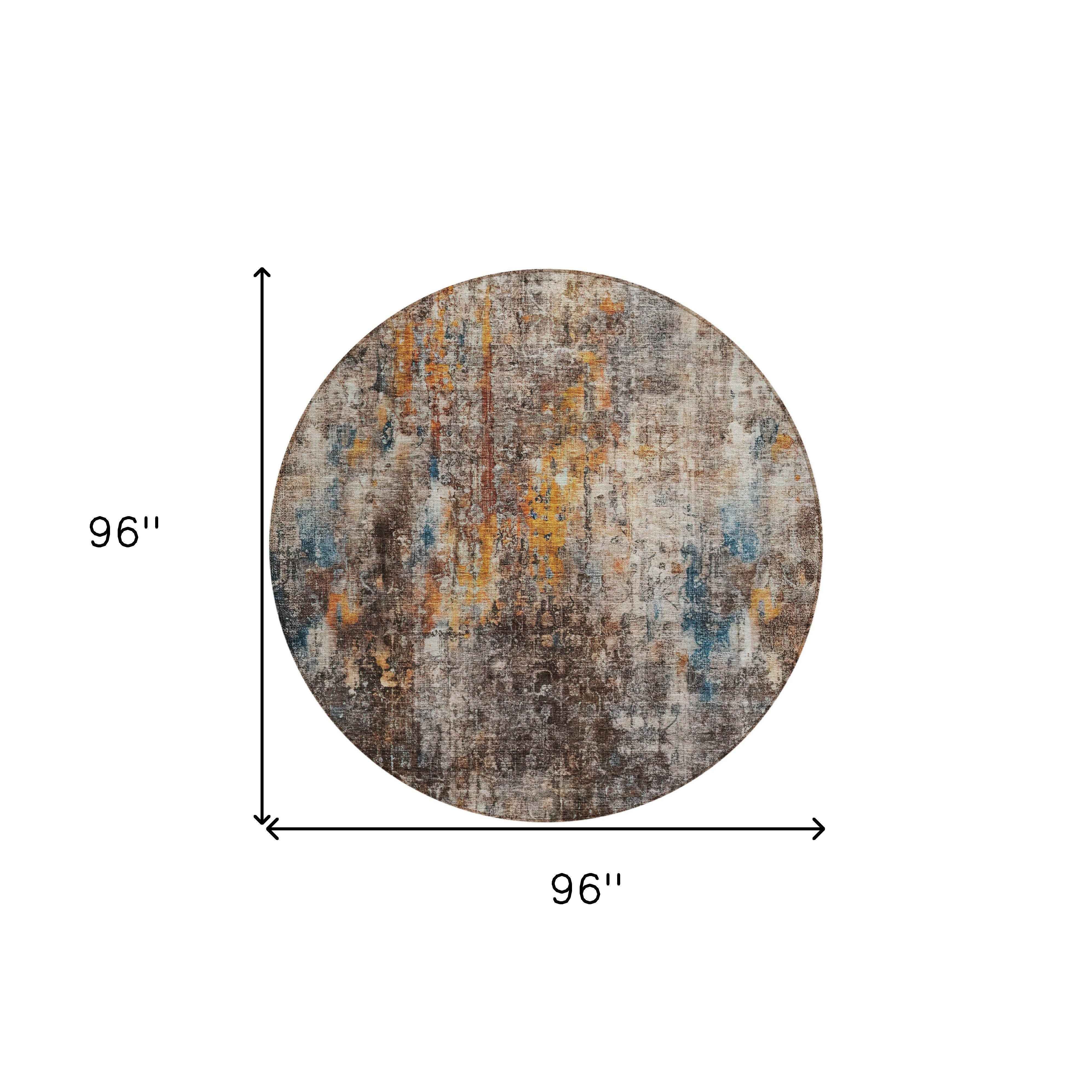 8' Taupe Chocolate And Copper Round Abstract Washable Indoor Outdoor Area Rug