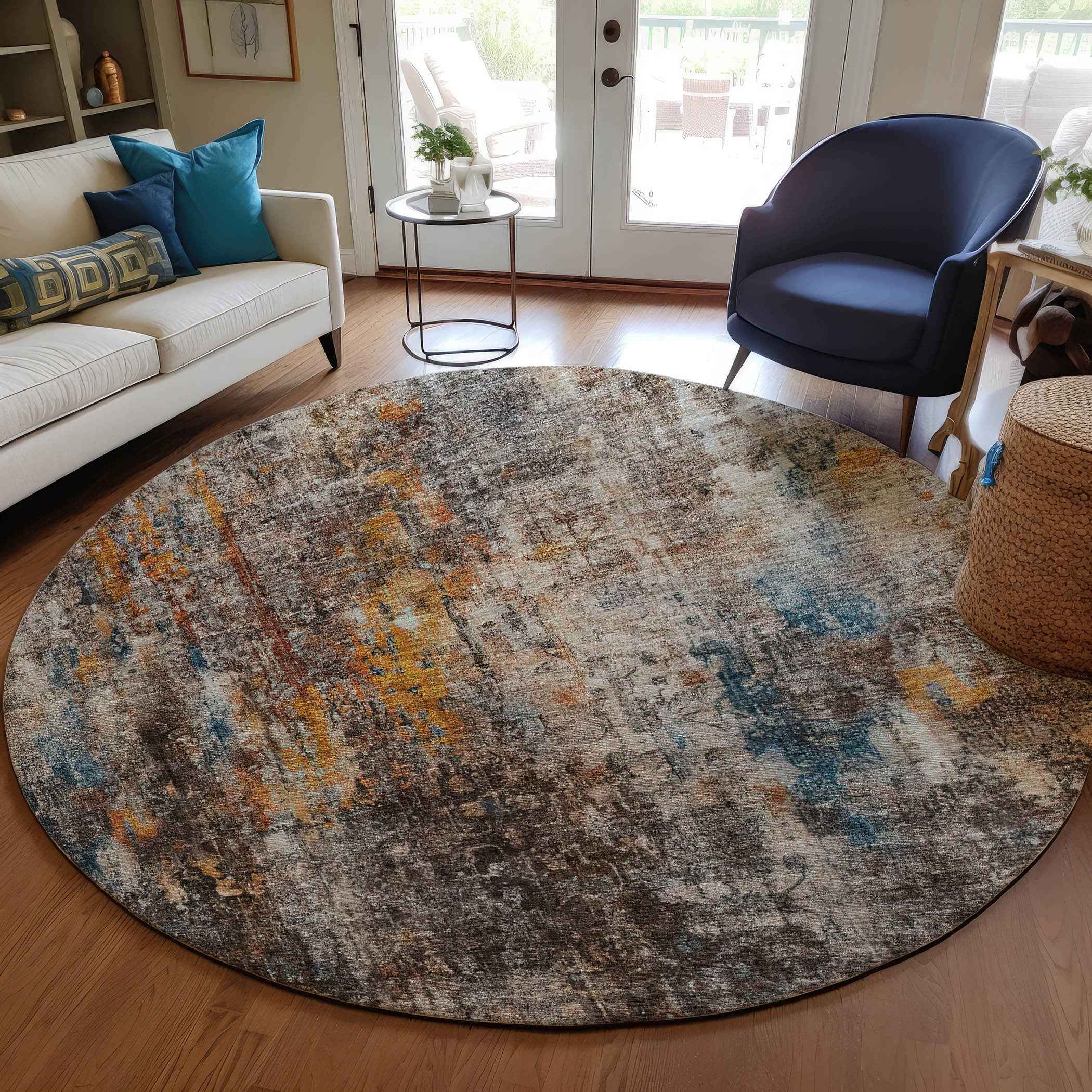 8' Taupe Chocolate And Copper Round Abstract Washable Indoor Outdoor Area Rug