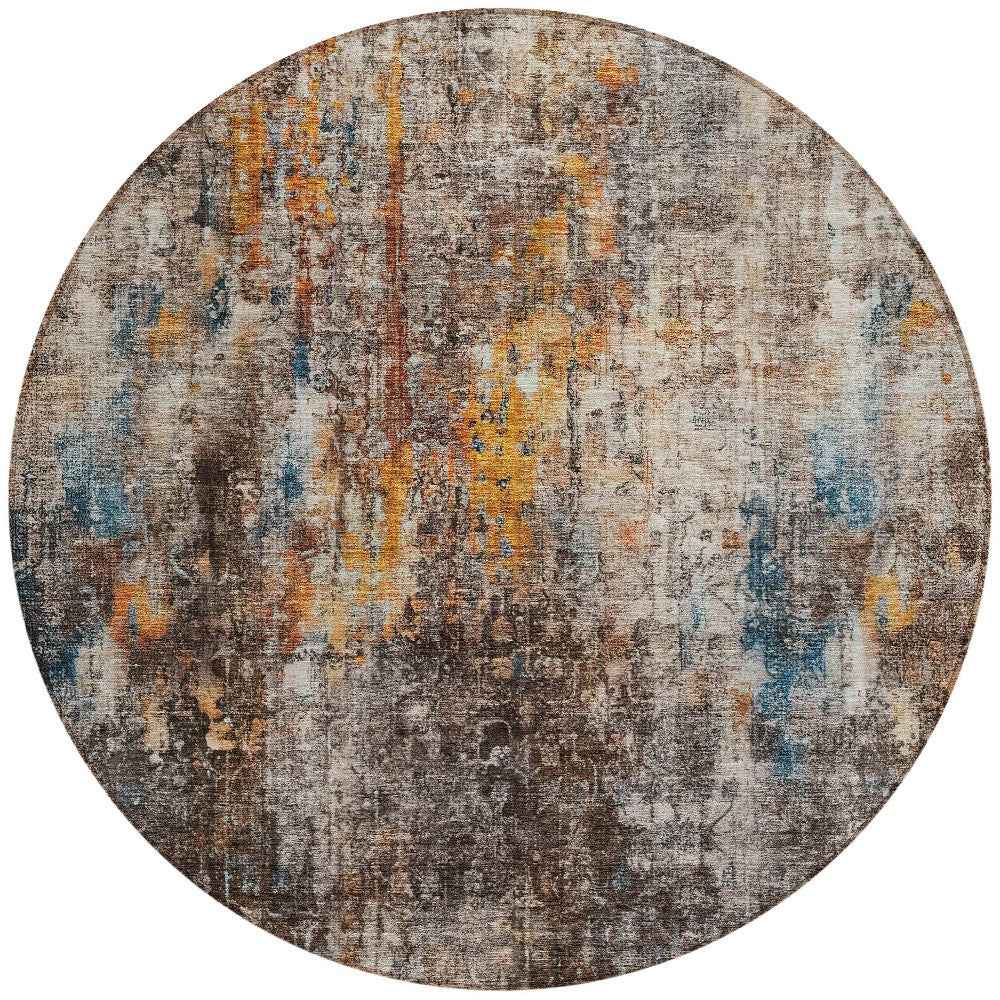 8' Taupe Chocolate And Copper Round Abstract Washable Indoor Outdoor Area Rug