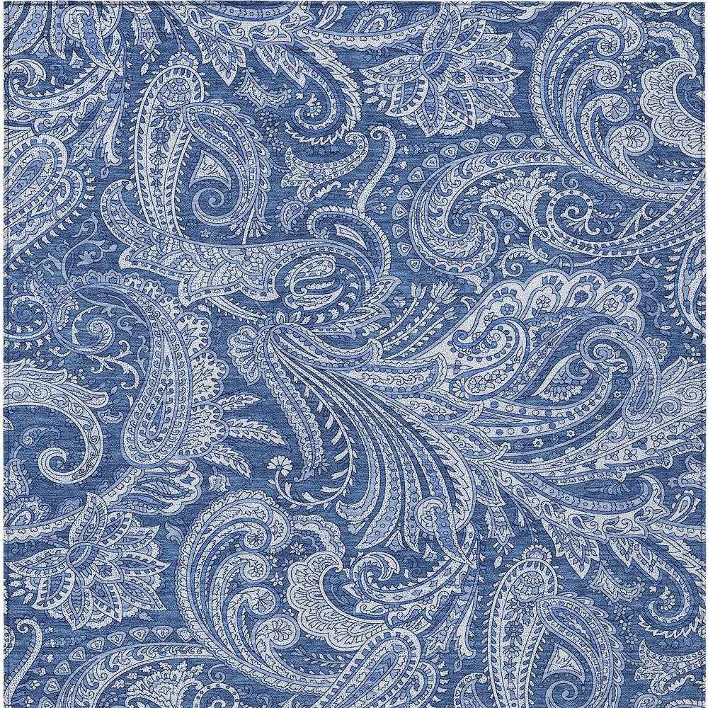 8' X 10' Navy Blue And Denim Blue Paisley Washable Indoor Outdoor Area Rug