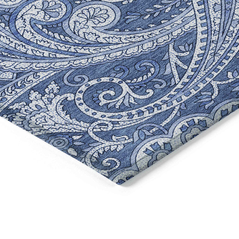 8' X 10' Navy Blue And Denim Blue Paisley Washable Indoor Outdoor Area Rug