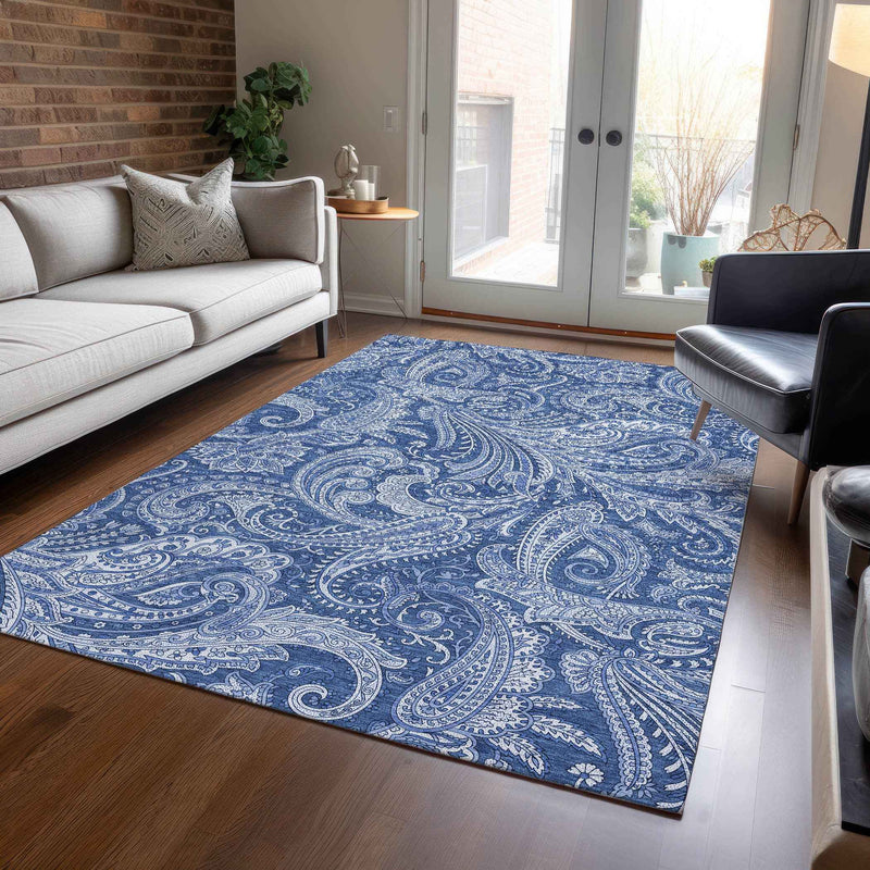 8' X 10' Navy Blue And Denim Blue Paisley Washable Indoor Outdoor Area Rug