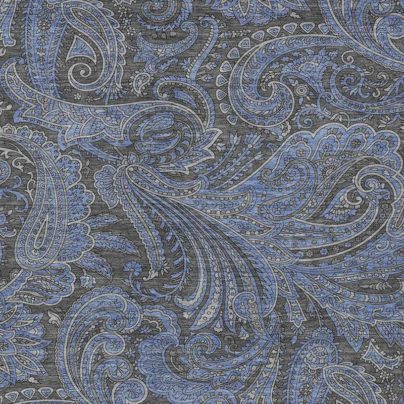 3' X 5' Charcoal Gray And Blue Paisley Washable Indoor Outdoor Area Rug