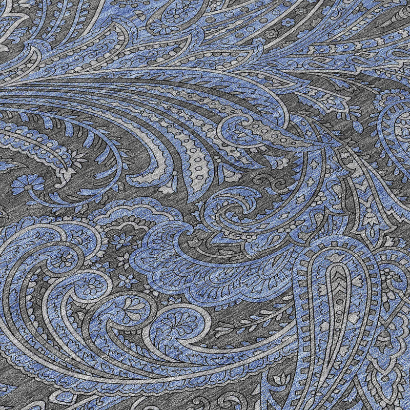 3' X 5' Charcoal Gray And Blue Paisley Washable Indoor Outdoor Area Rug