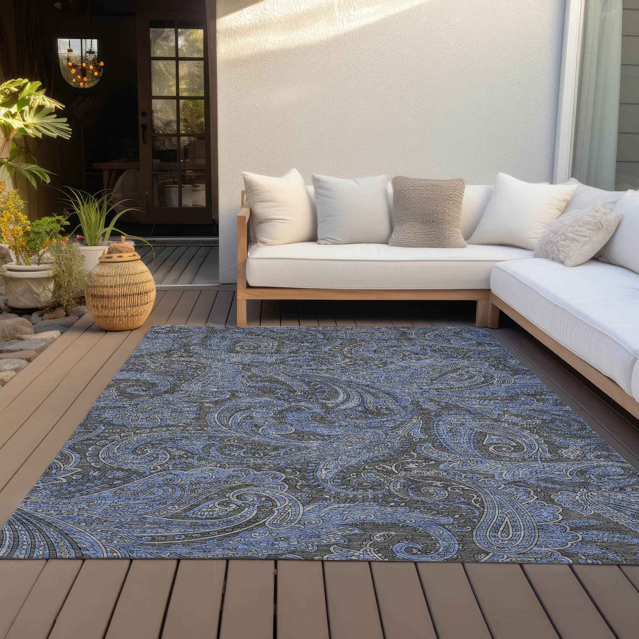 3' X 5' Charcoal Gray And Blue Paisley Washable Indoor Outdoor Area Rug