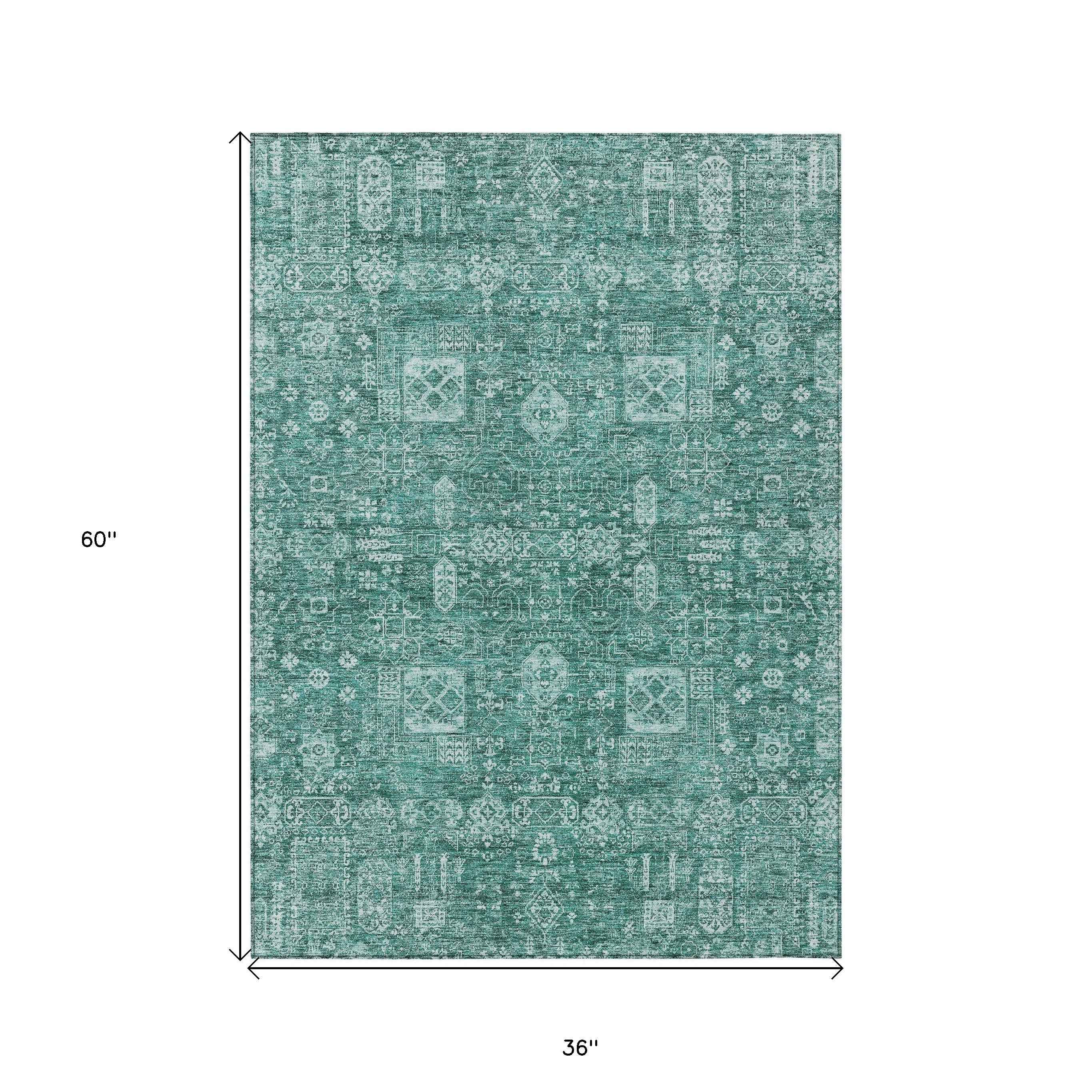 3' X 5' Dark Green And Aqua Oriental Washable Indoor Outdoor Area Rug