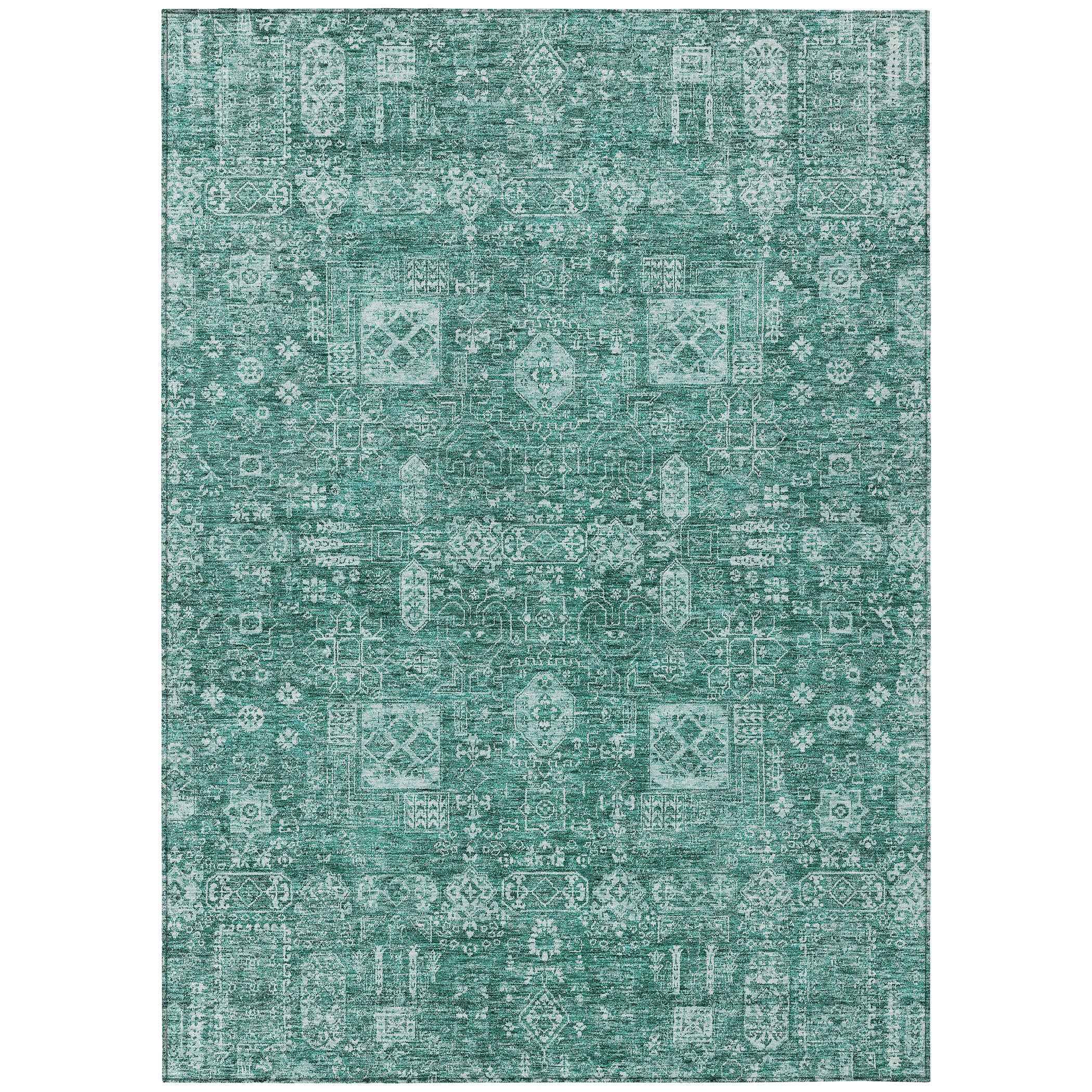 3' X 5' Dark Green And Aqua Oriental Washable Indoor Outdoor Area Rug