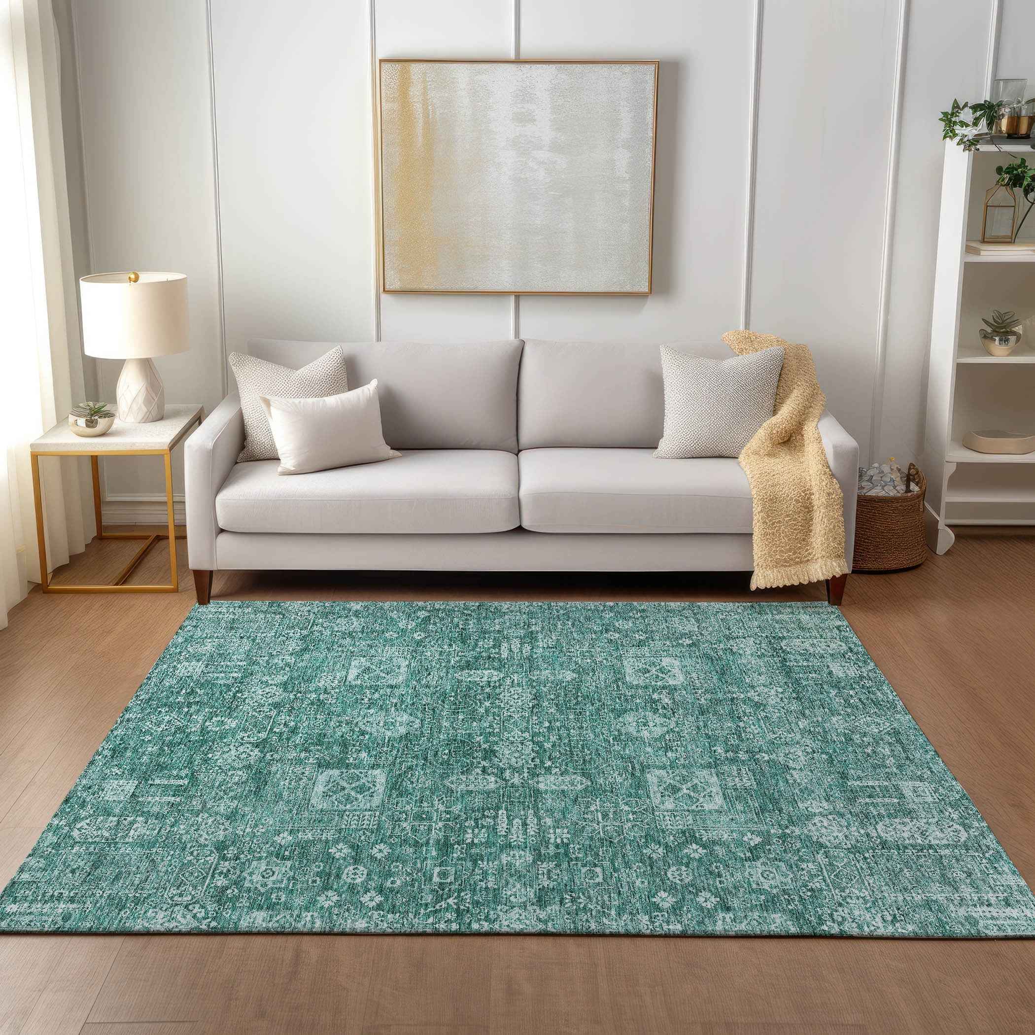 3' X 5' Dark Green And Aqua Oriental Washable Indoor Outdoor Area Rug