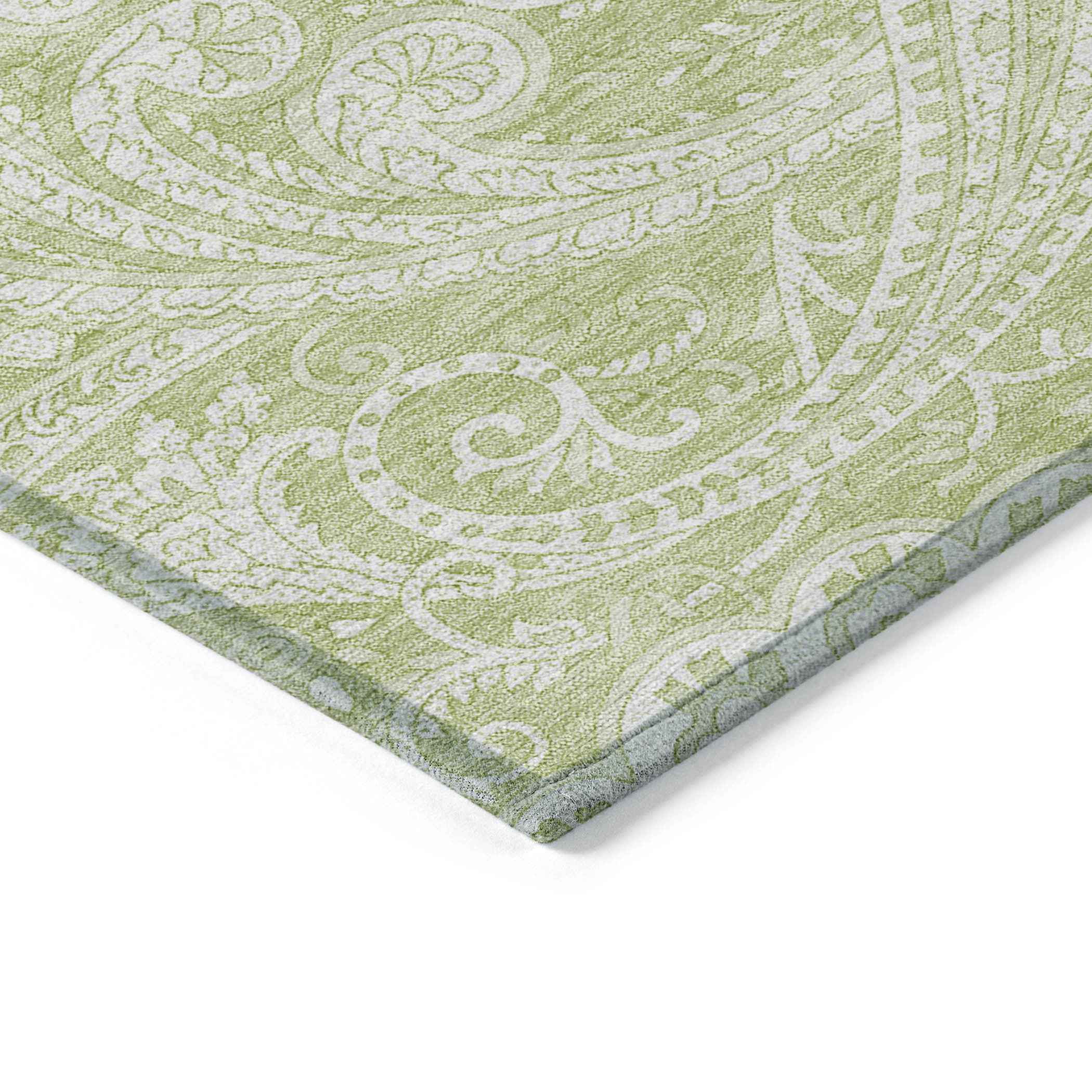 9' X 12' Green And Ivory Paisley Washable Indoor Outdoor Area Rug
