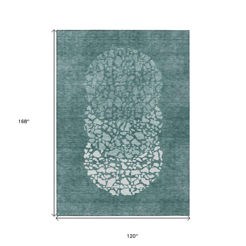 10' X 14' Dark Green Aqua And Ivory Abstract Washable Indoor Outdoor Area Rug