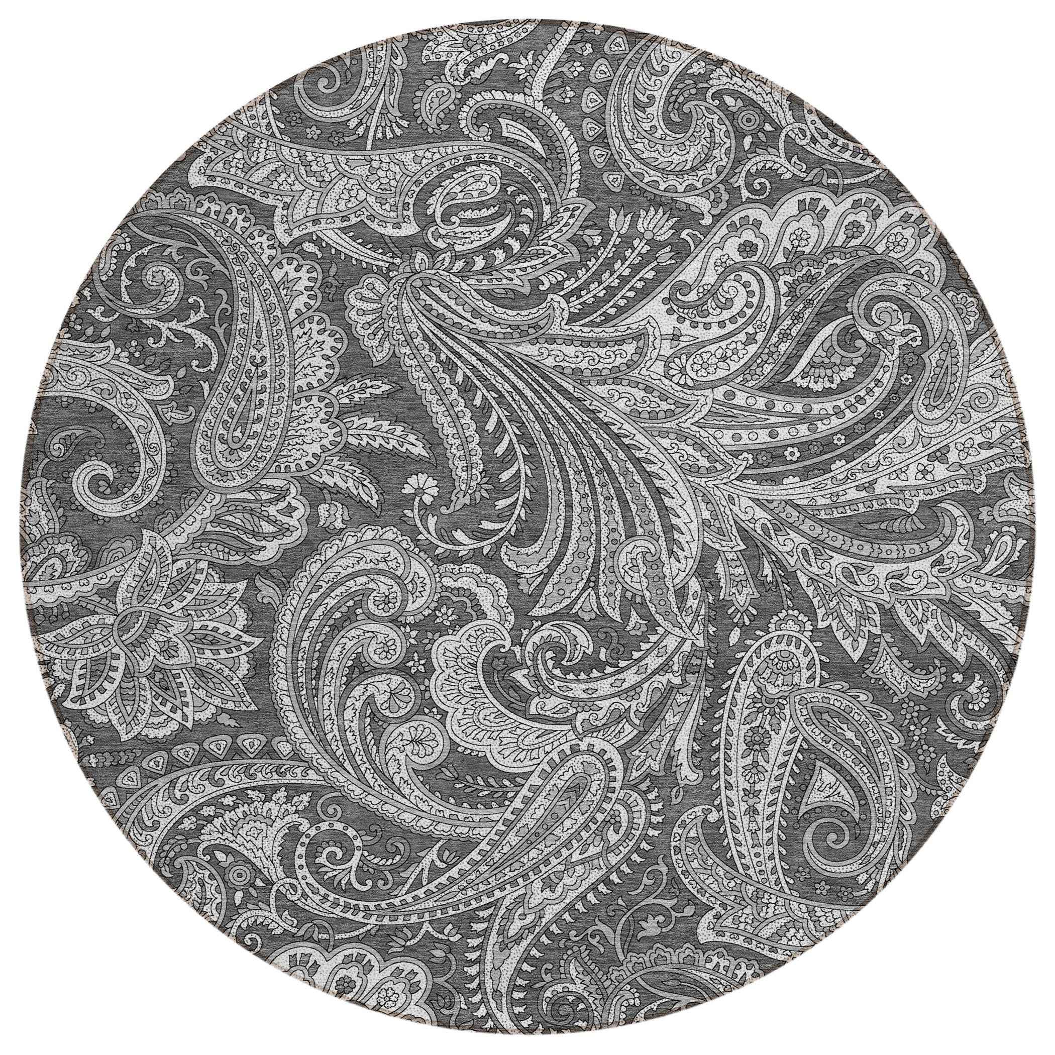 8' Gray Charcoal And Ivory Round Paisley Washable Indoor Outdoor Area Rug