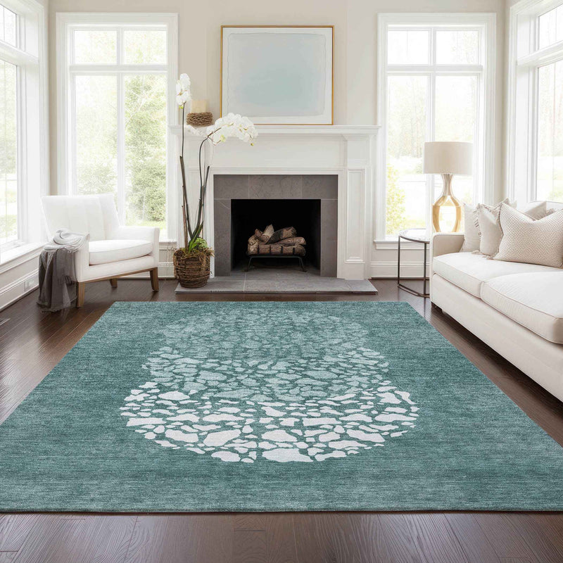 10' X 14' Dark Green Aqua And Ivory Abstract Washable Indoor Outdoor Area Rug