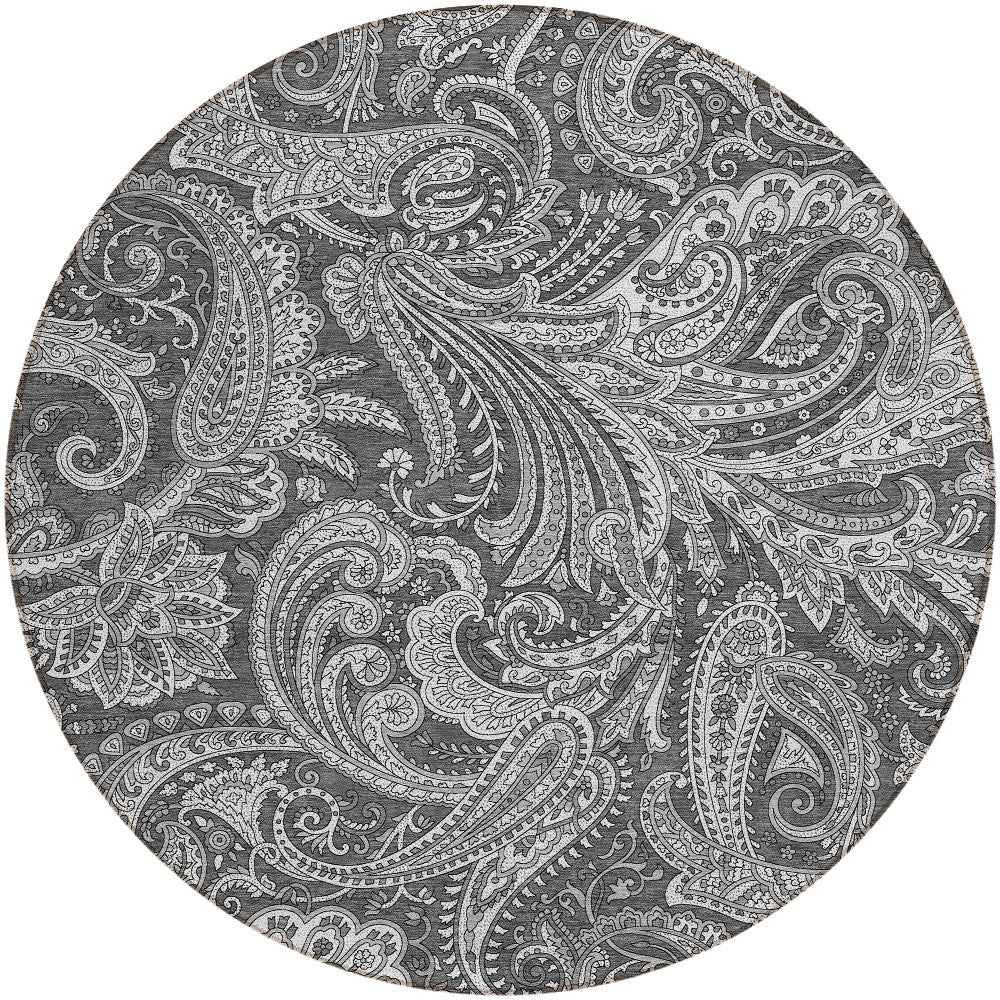 8' Gray Charcoal And Ivory Round Paisley Washable Indoor Outdoor Area Rug