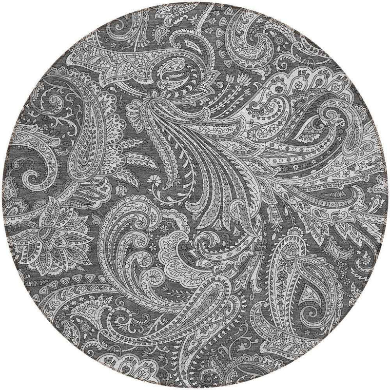 8' Gray Charcoal And Ivory Round Paisley Washable Indoor Outdoor Area Rug