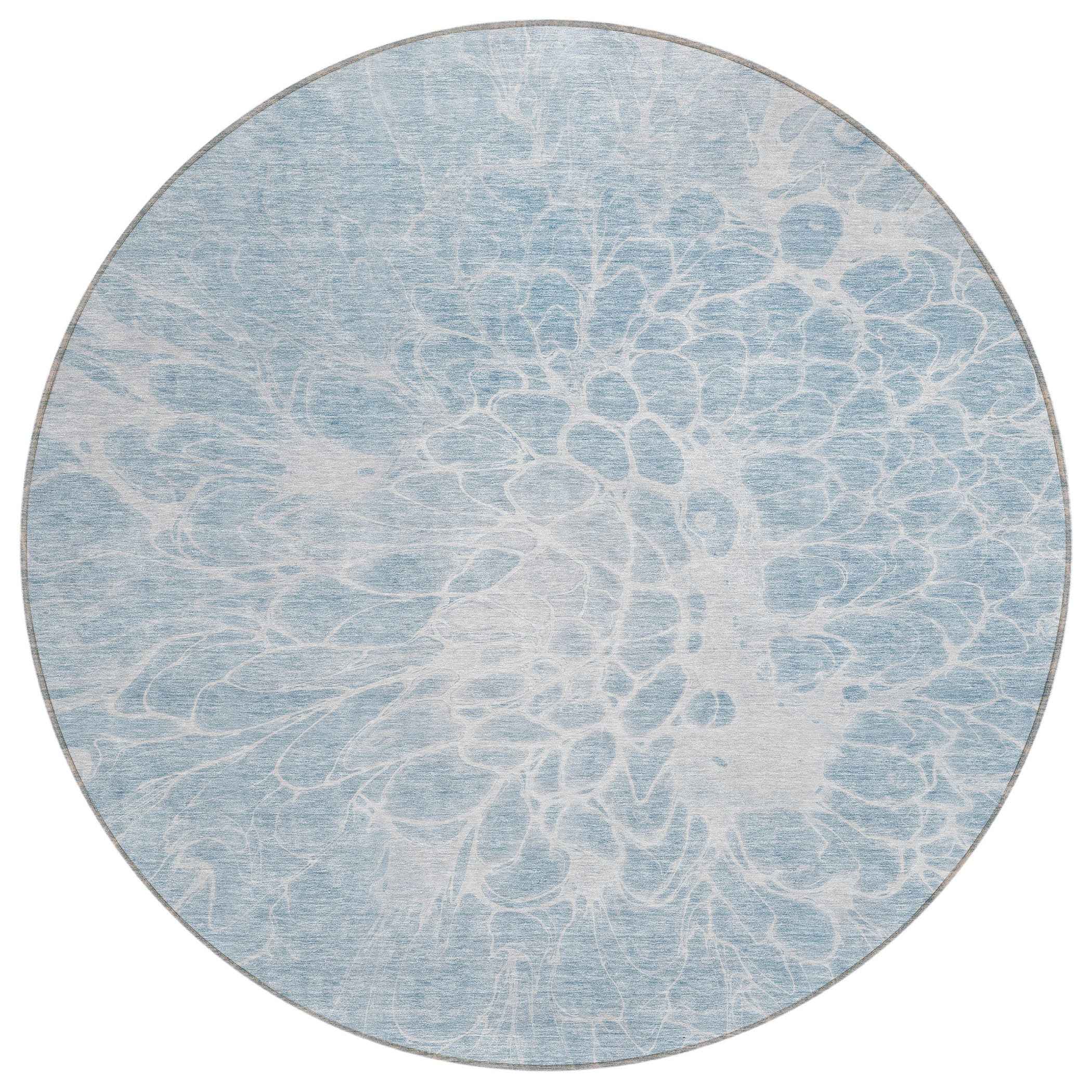 8' Sky Blue And Denim Blue Round Abstract Washable Indoor Outdoor Area Rug