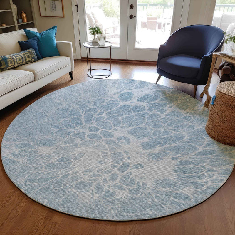8' Sky Blue And Denim Blue Round Abstract Washable Indoor Outdoor Area Rug