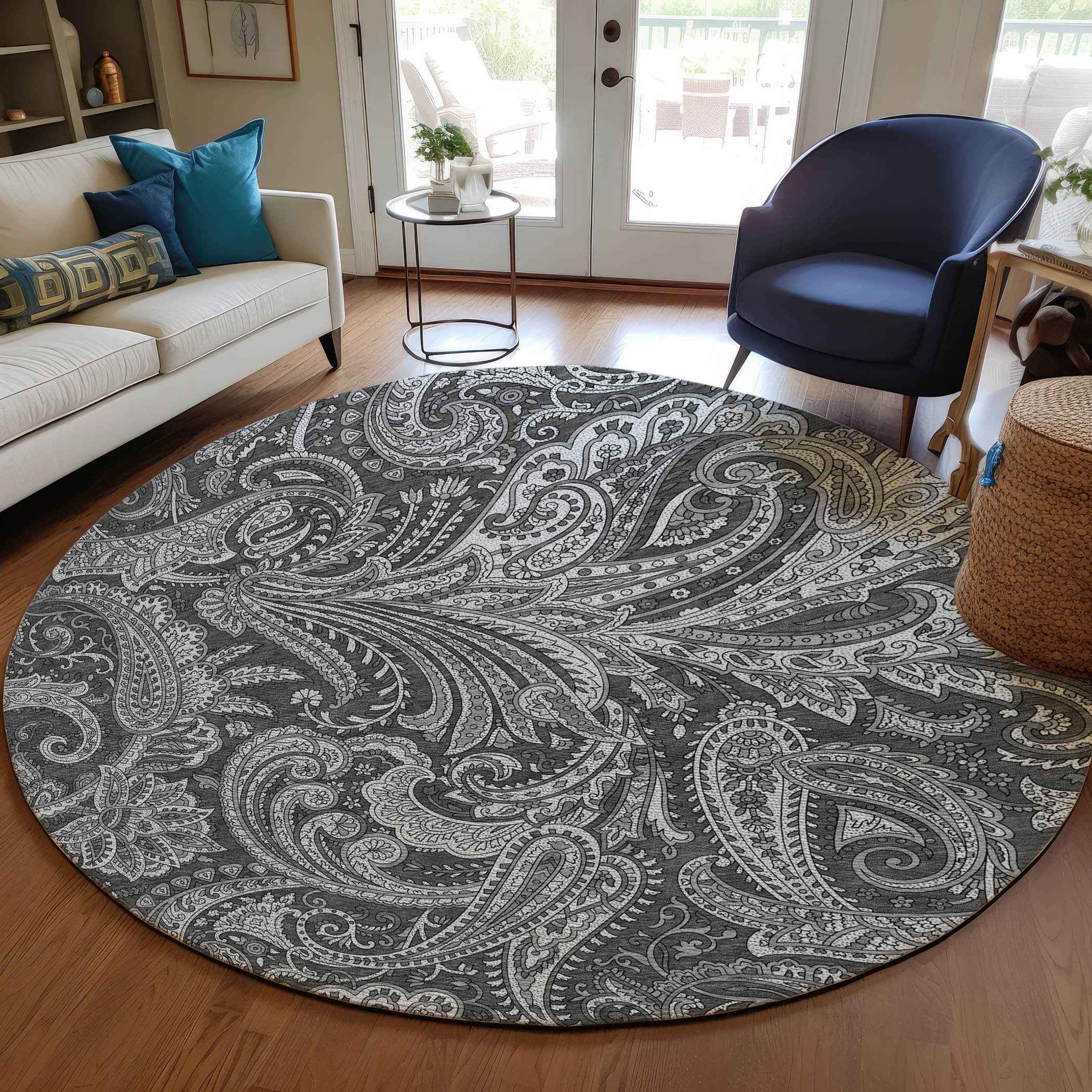 8' Gray Charcoal And Ivory Round Paisley Washable Indoor Outdoor Area Rug