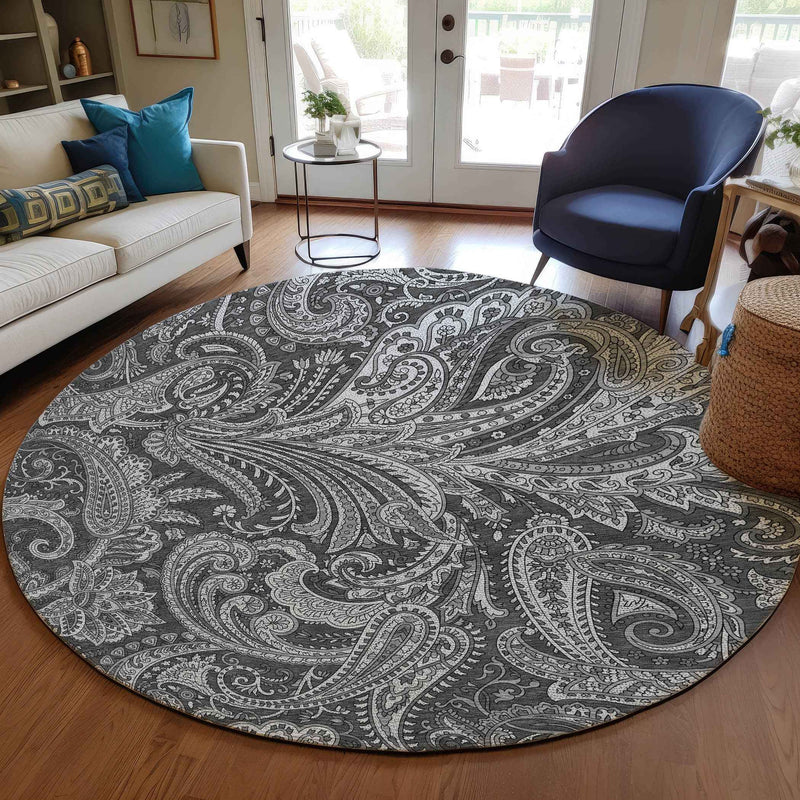 8' Gray Charcoal And Ivory Round Paisley Washable Indoor Outdoor Area Rug