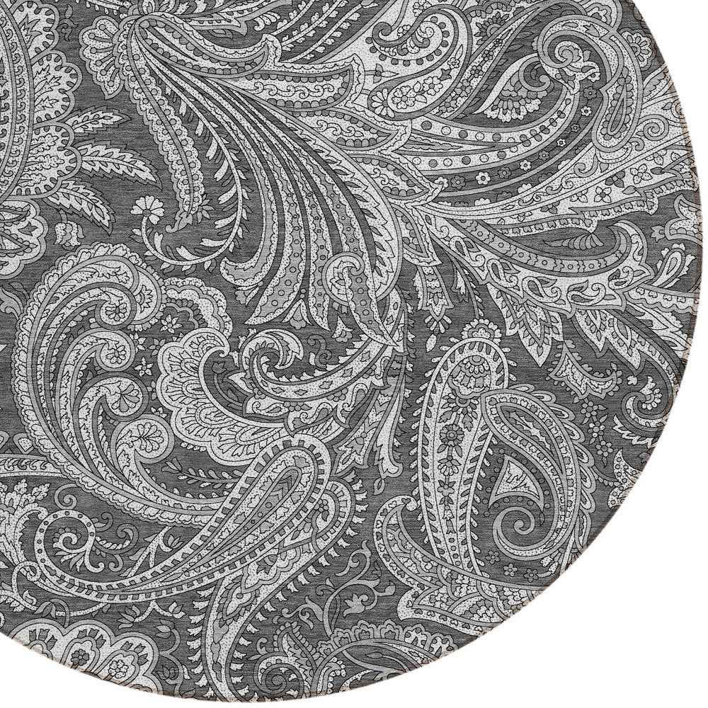 8' Gray Charcoal And Ivory Round Paisley Washable Indoor Outdoor Area Rug