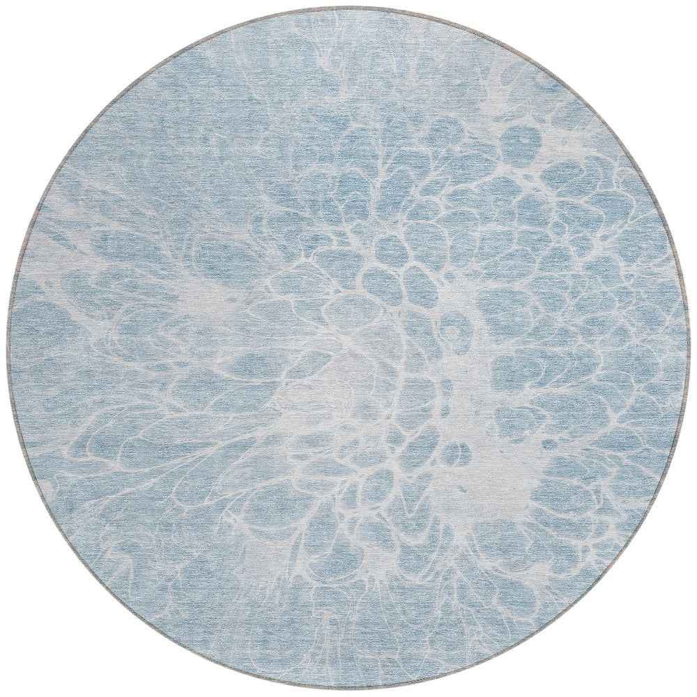 8' Sky Blue And Denim Blue Round Abstract Washable Indoor Outdoor Area Rug