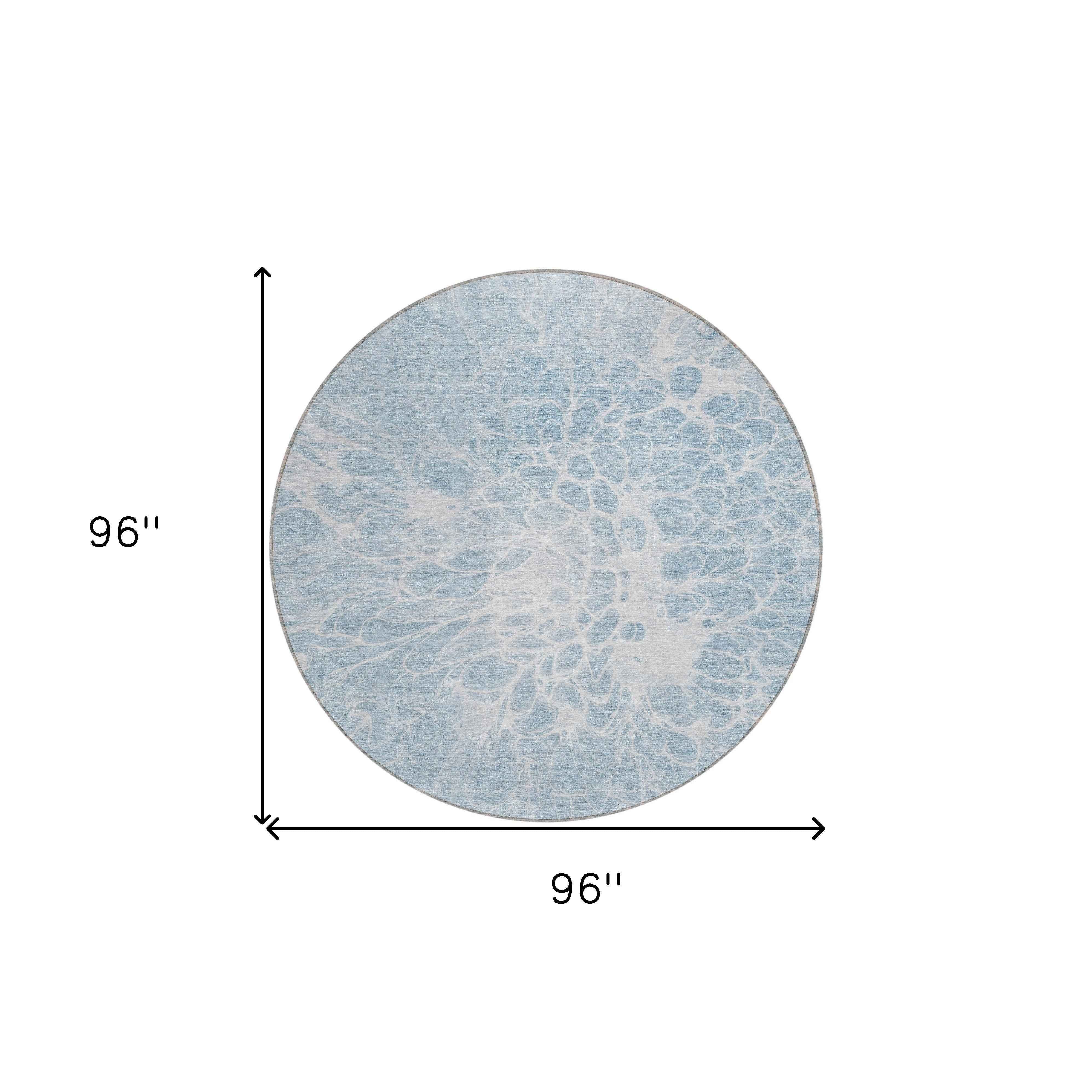 8' Sky Blue And Denim Blue Round Abstract Washable Indoor Outdoor Area Rug