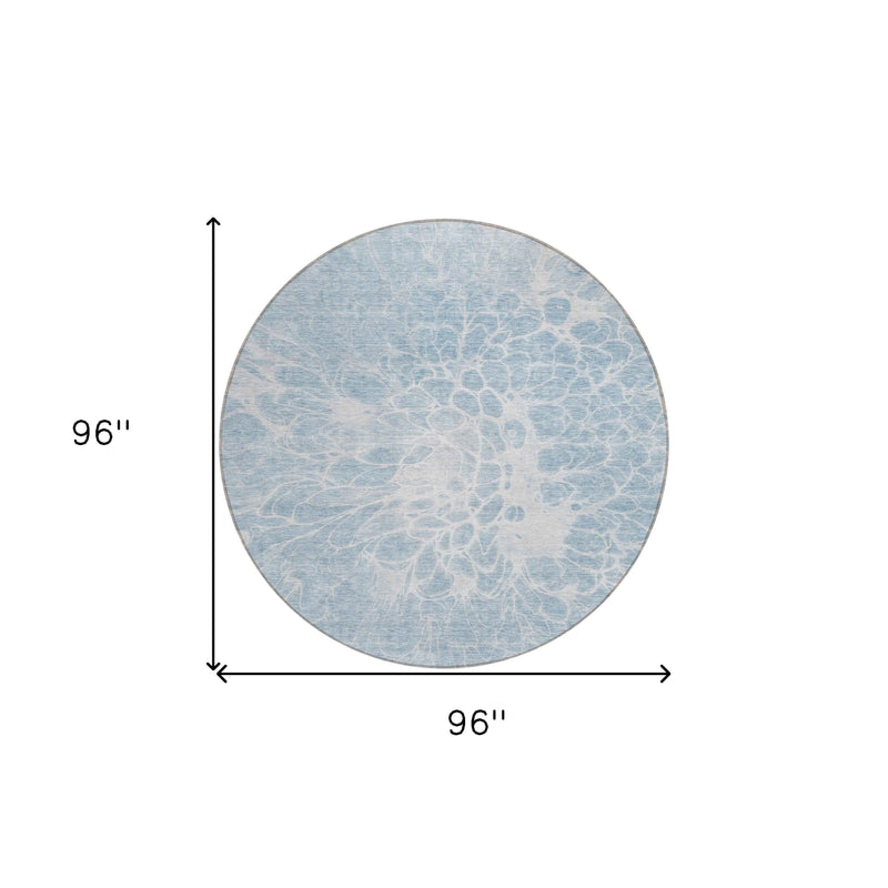 8' Sky Blue And Denim Blue Round Abstract Washable Indoor Outdoor Area Rug