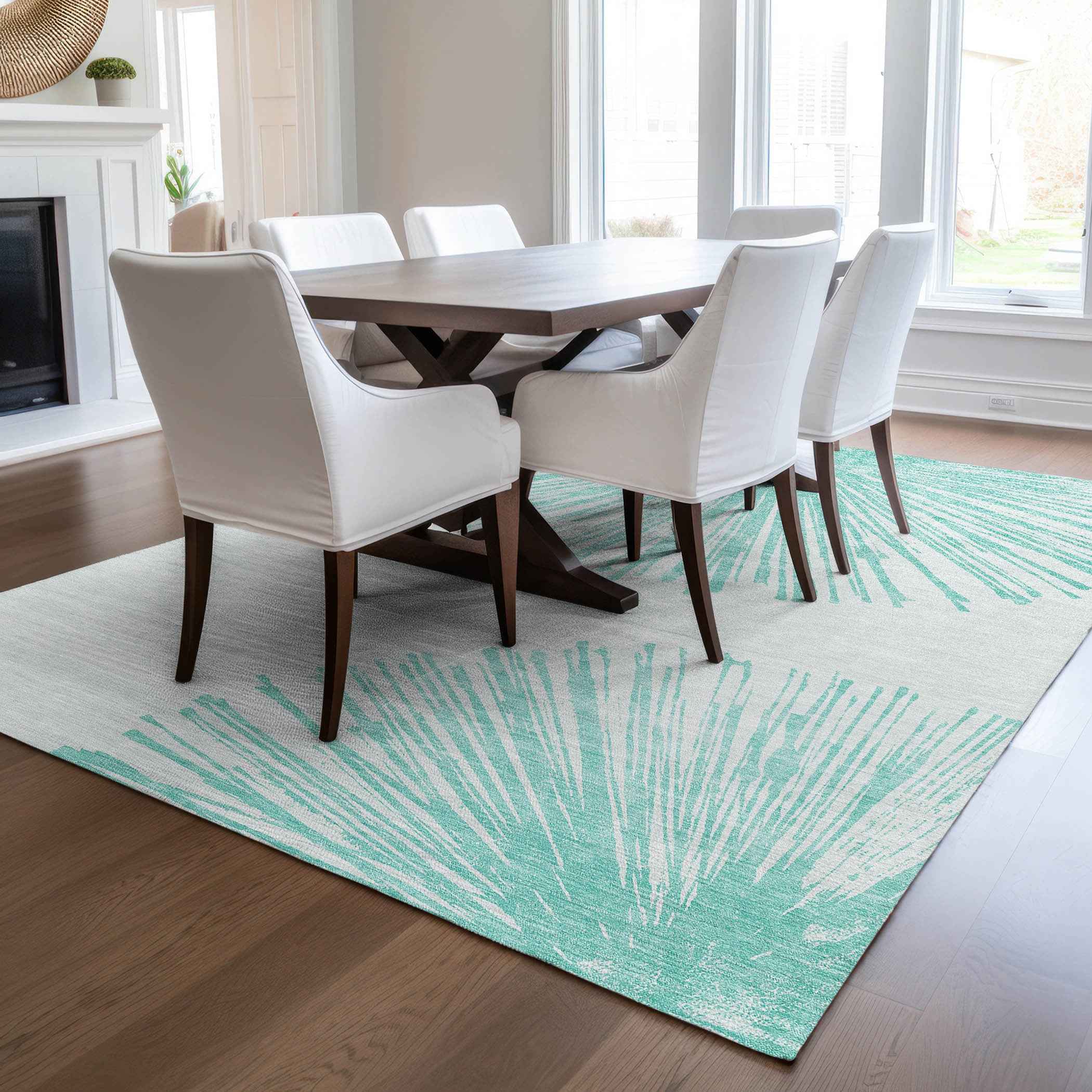 8' X 10' Aquamarine And Ivory Abstract Washable Indoor Outdoor Area Rug