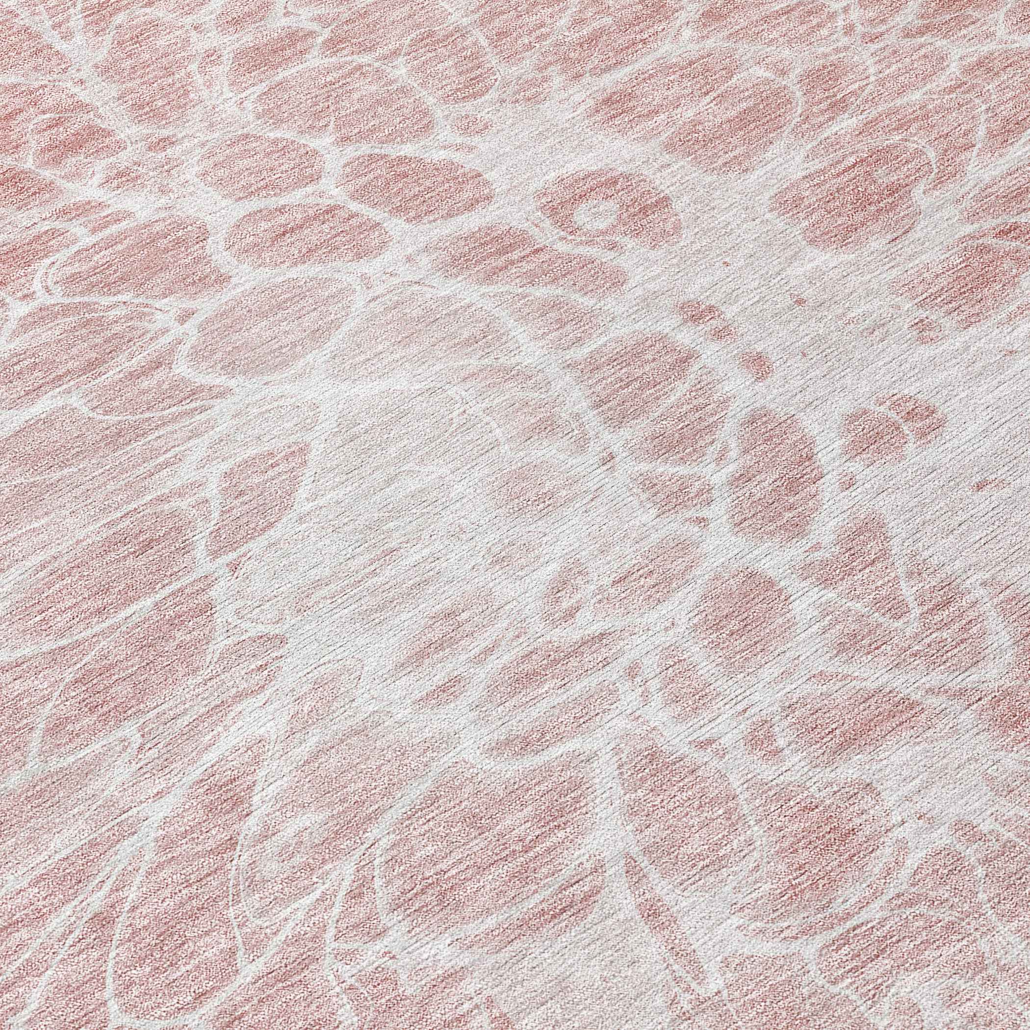 8' Pink Blush And Ivory Round Abstract Washable Indoor Outdoor Area Rug