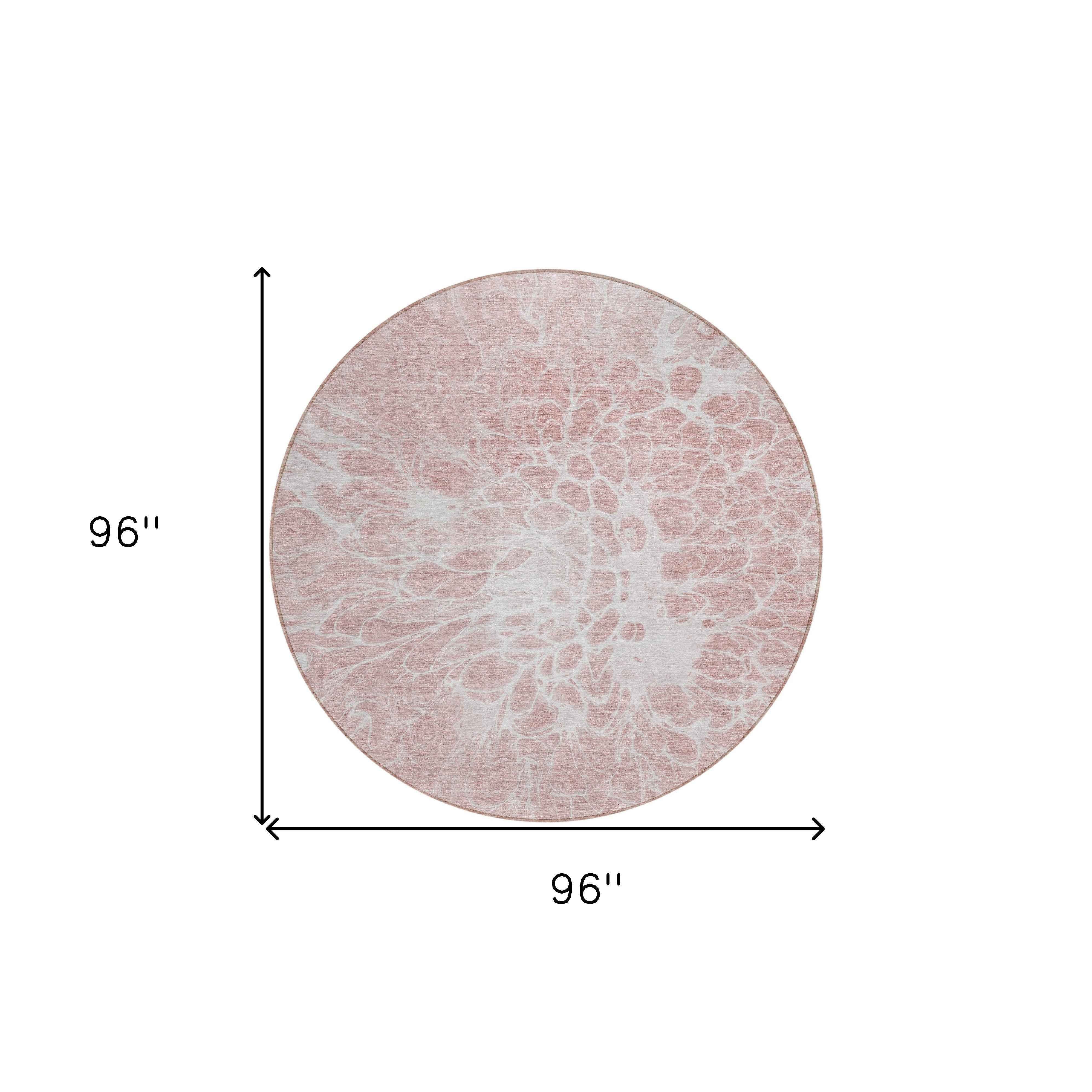 8' Pink Blush And Ivory Round Abstract Washable Indoor Outdoor Area Rug