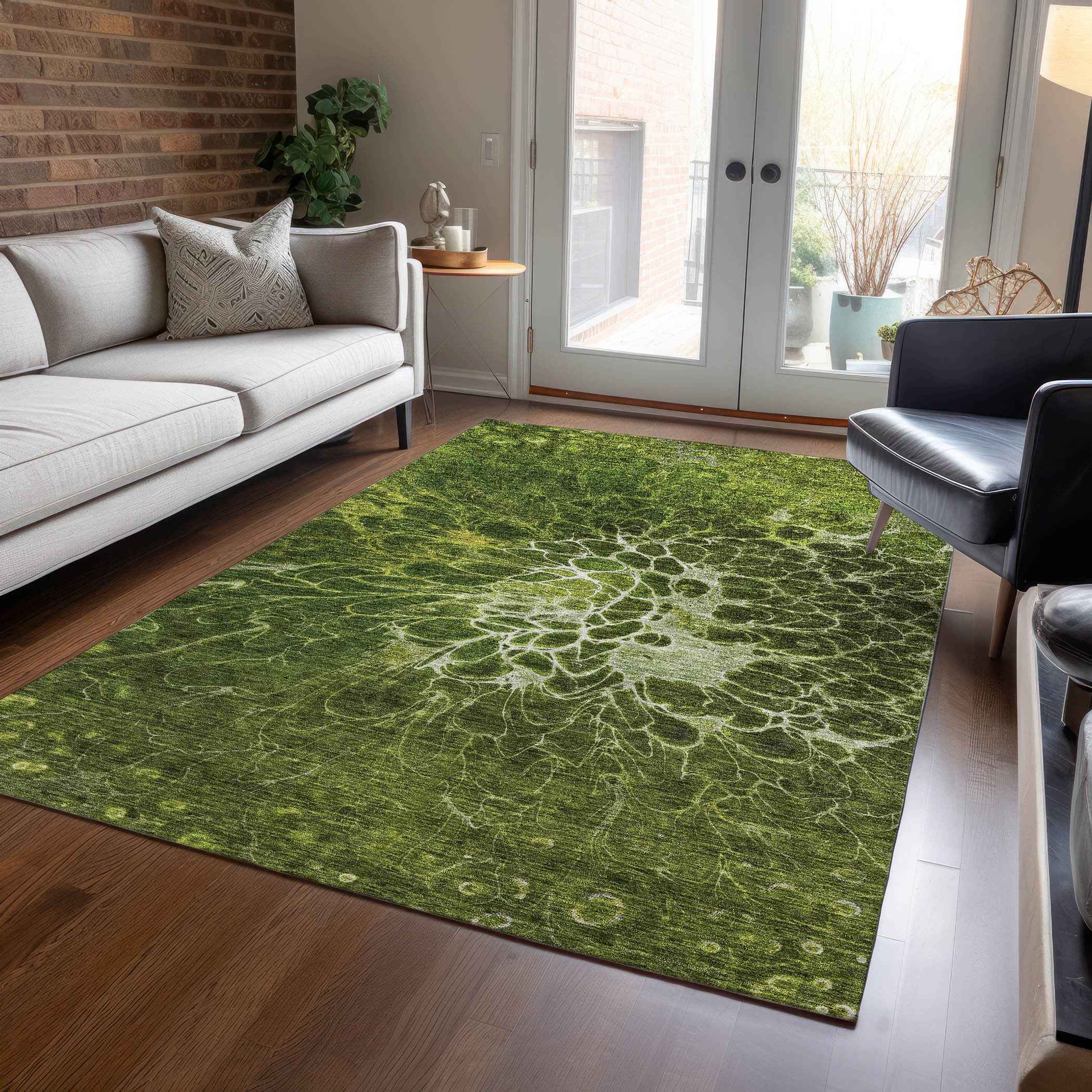 5' X 8' Olive Green And Sage Abstract Washable Indoor Outdoor Area Rug