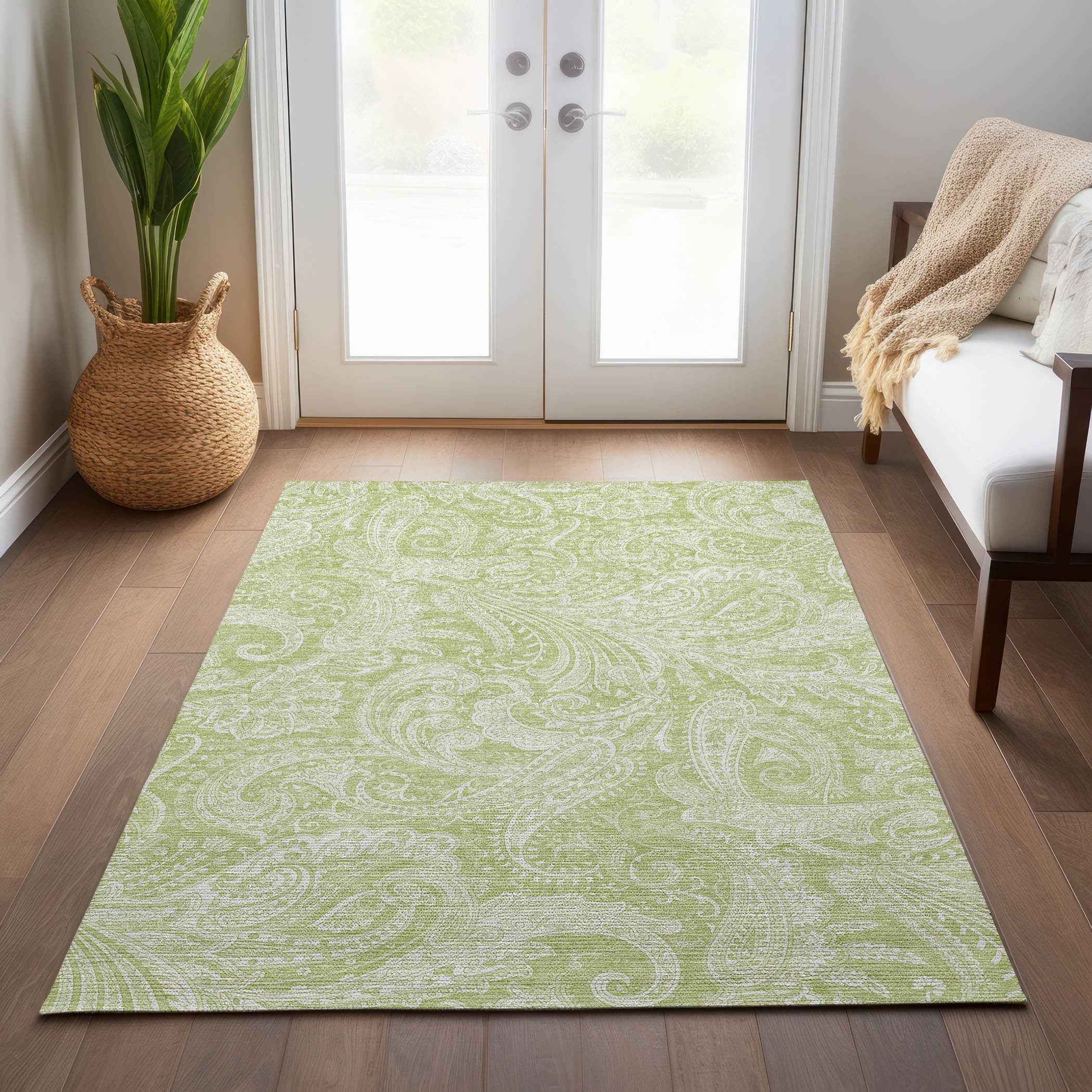 3' X 5' Green And Ivory Paisley Washable Indoor Outdoor Area Rug