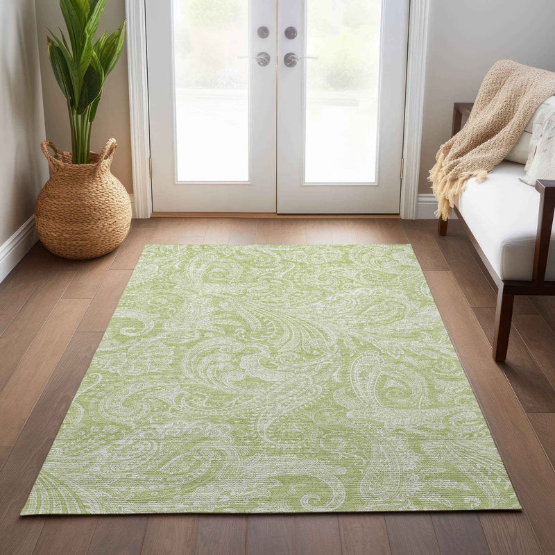 3' X 5' Green And Ivory Paisley Washable Indoor Outdoor Area Rug