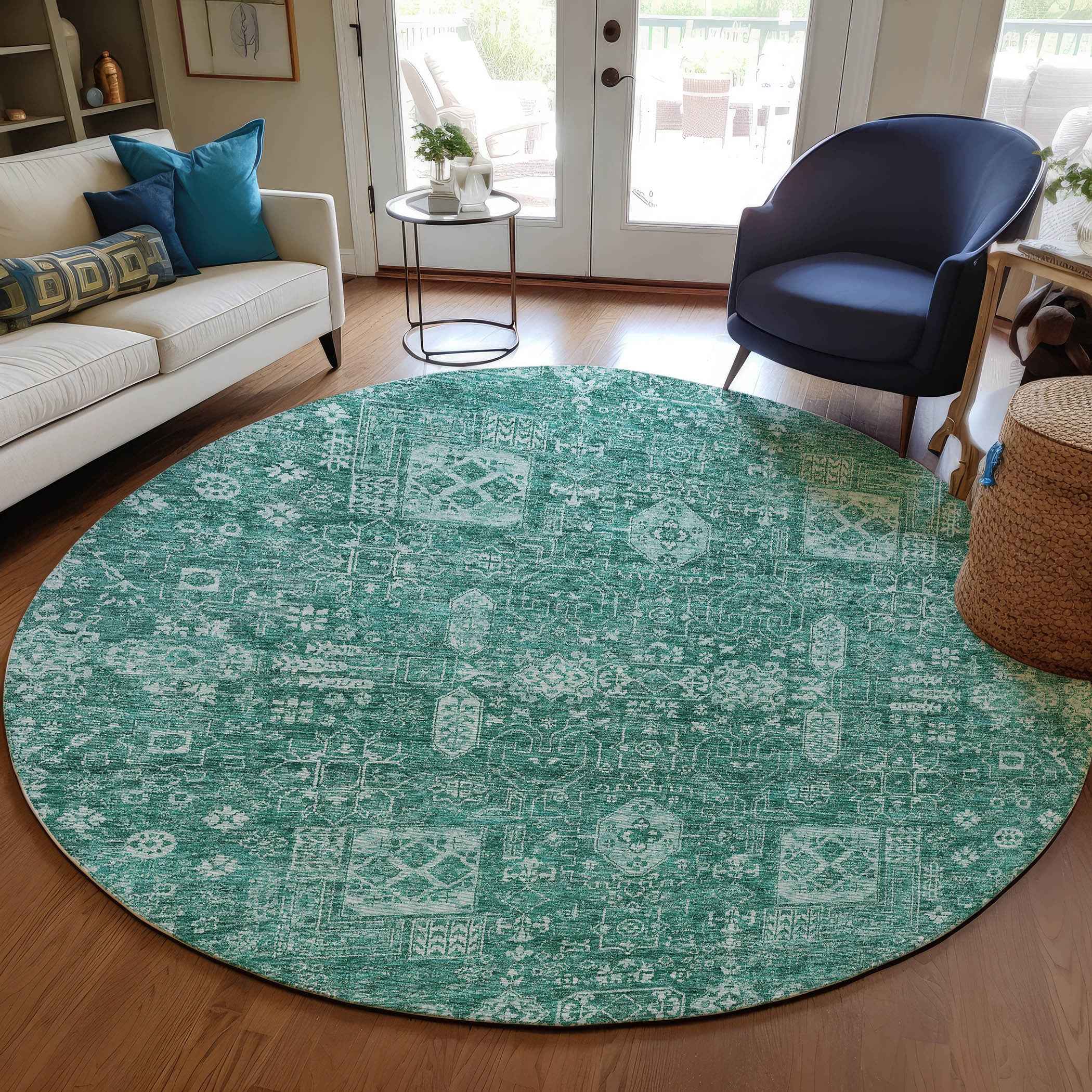 8' Dark Green And Aqua Round Oriental Washable Indoor Outdoor Area Rug