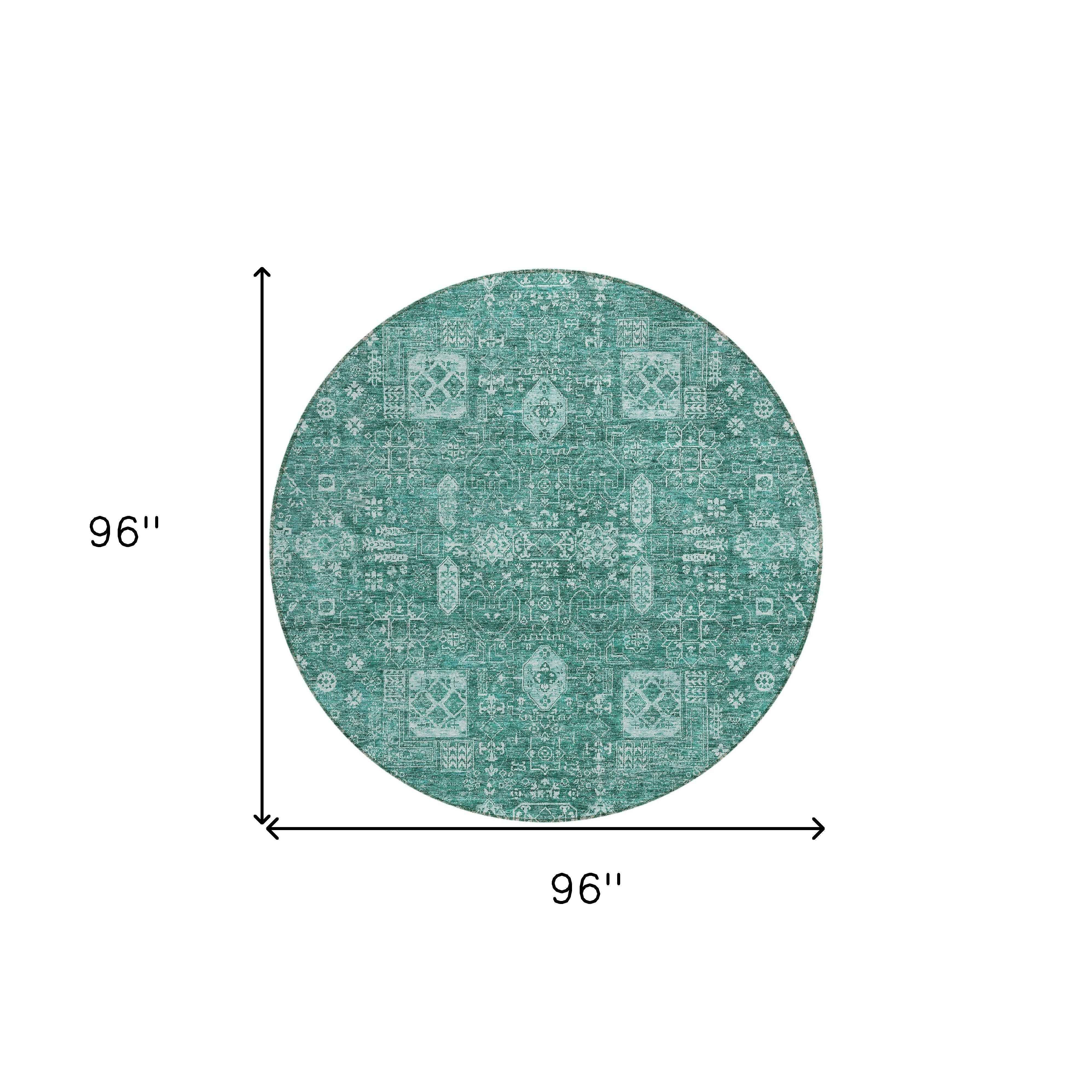 8' Dark Green And Aqua Round Oriental Washable Indoor Outdoor Area Rug