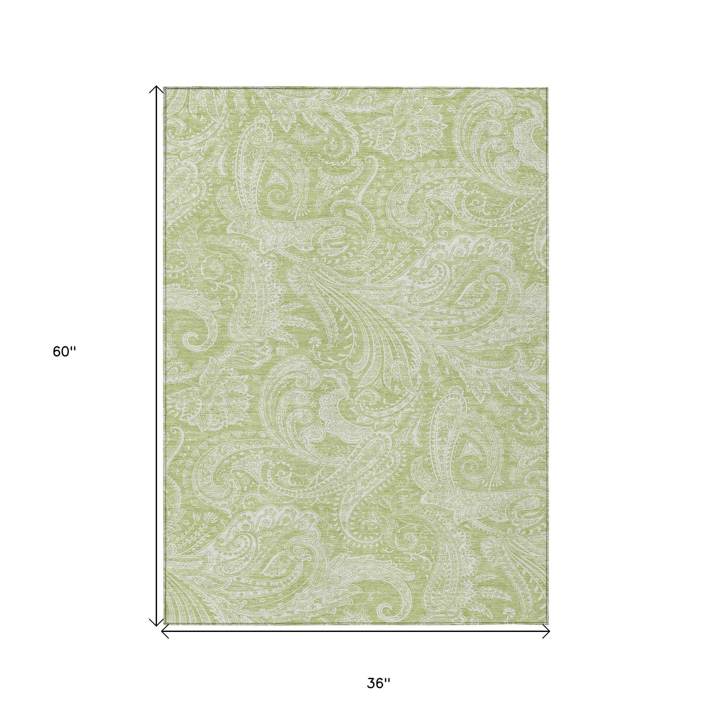 3' X 5' Green And Ivory Paisley Washable Indoor Outdoor Area Rug